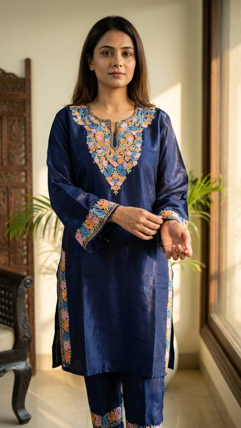 Royal Blue Shimmer Silk Stitched Co-ord Set (Free Size / 45 inches)