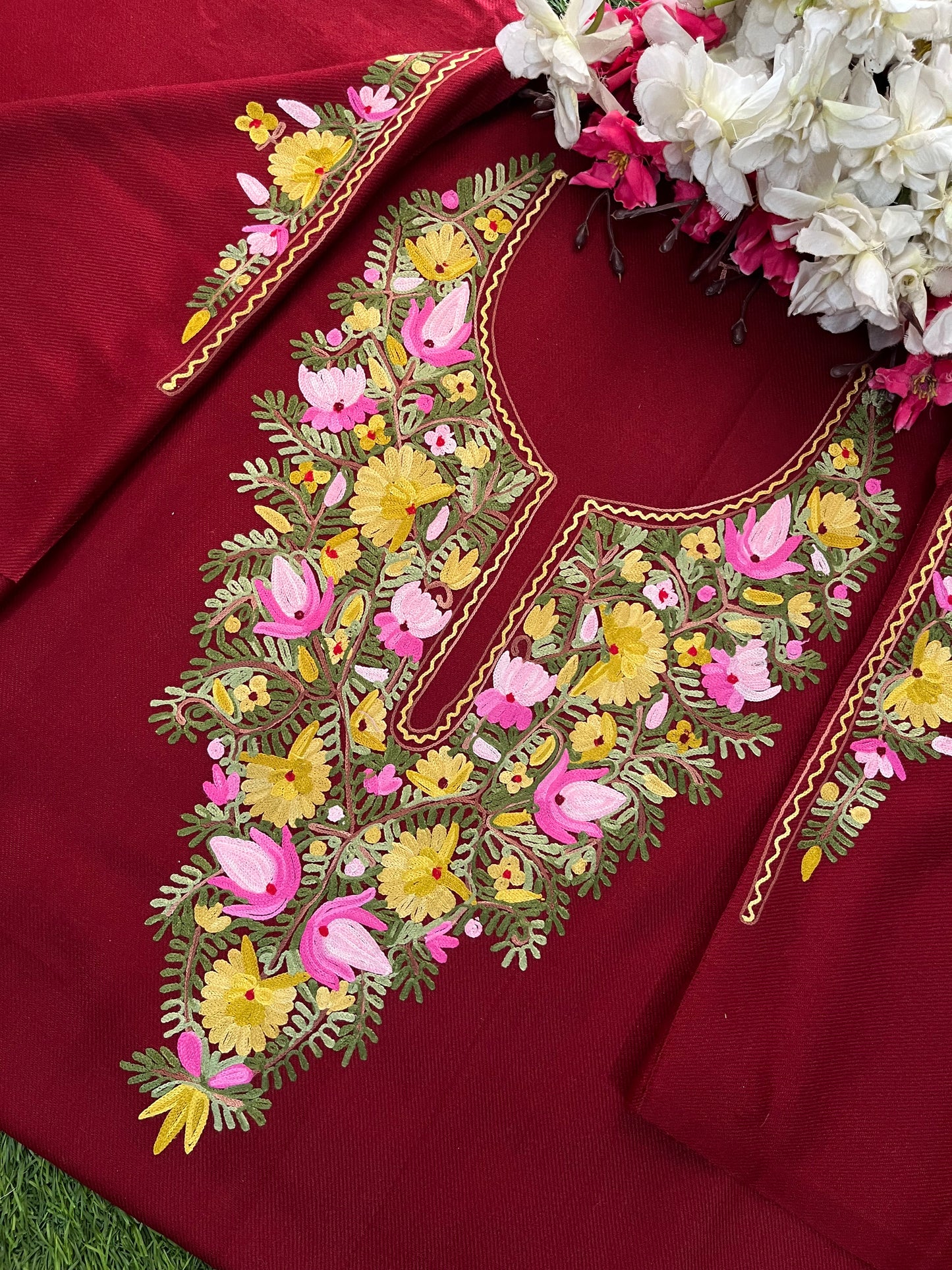 Maroon Woollen Aari Embroidered 2pc suit 5mtr