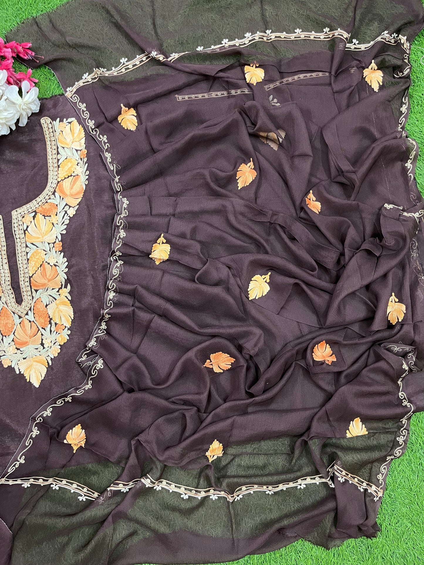 Coffee Brown Opada Silk Kashmiri Suit