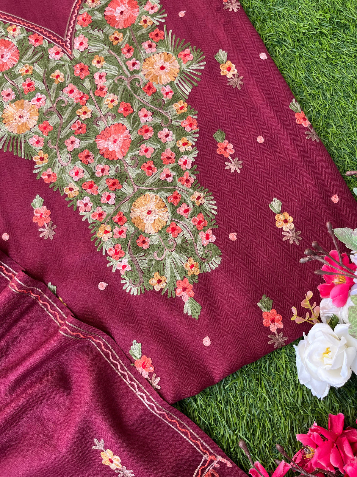 Maroon Woollen Aari Embroidered 3pc suit