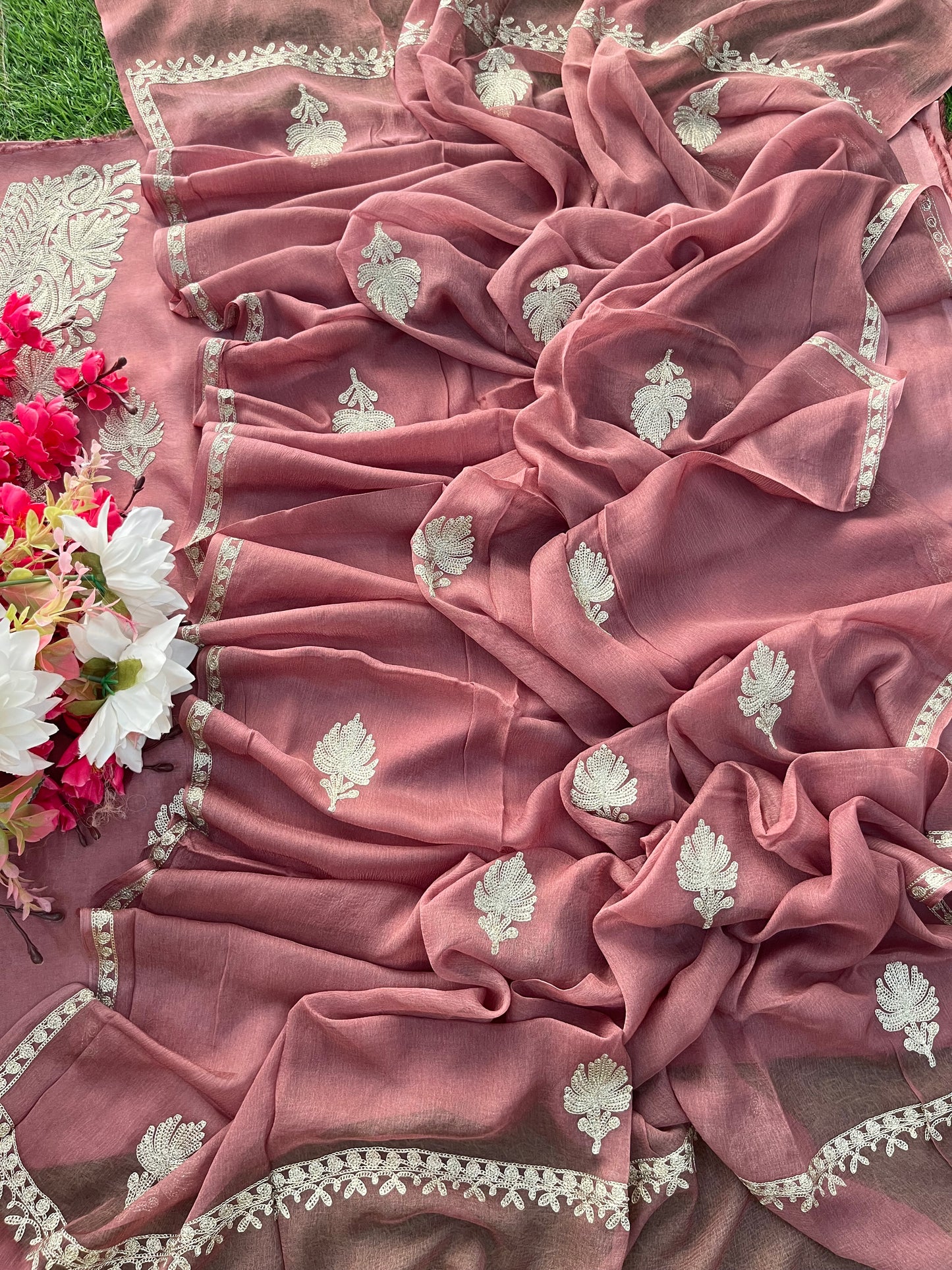Onion Pink Sanam’ Silk Tilla Kashmiri Suit