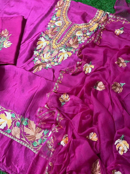 Hot Pink Opada Silk Aari Embroidered Suit material