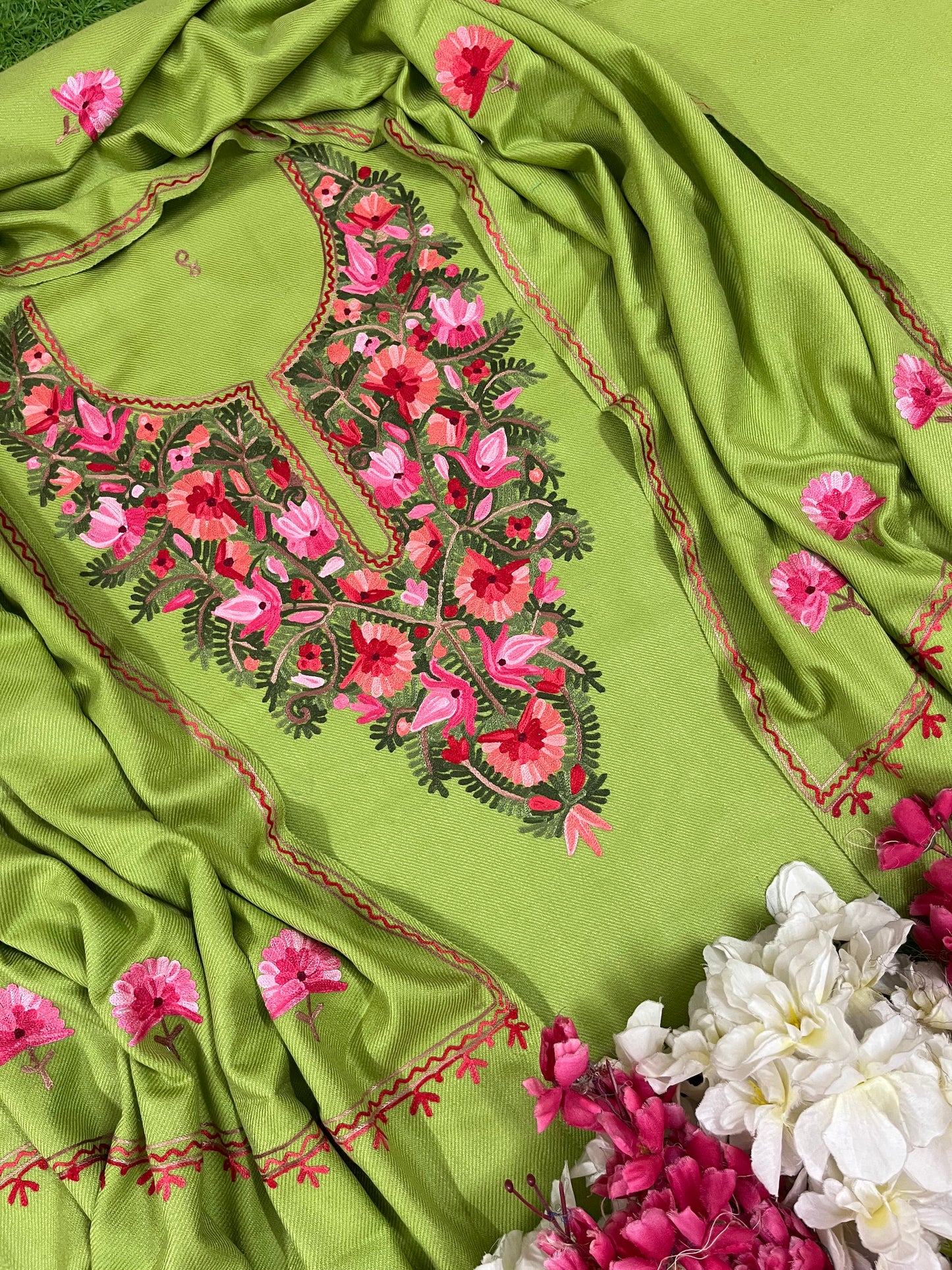 Pista Green Woollen Aari Embroidered 3pc suit