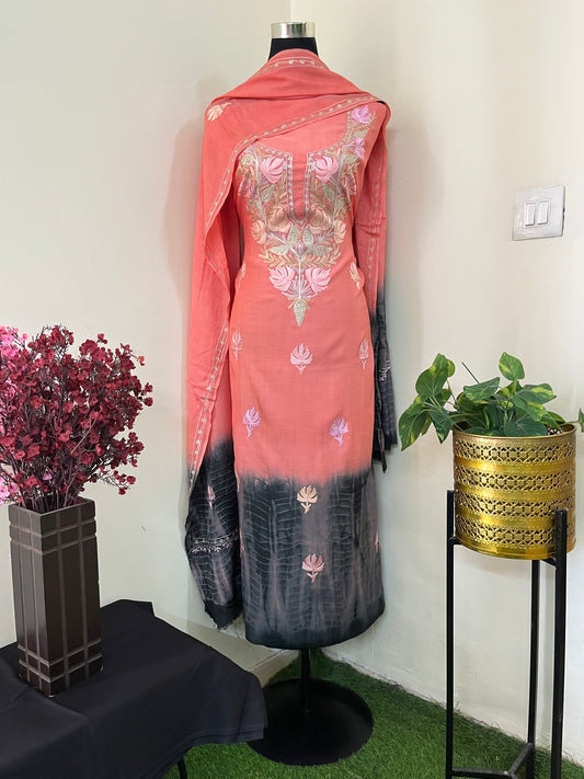 Peach Mul Cotton Shibori Work Kashmiri 3pc Suit