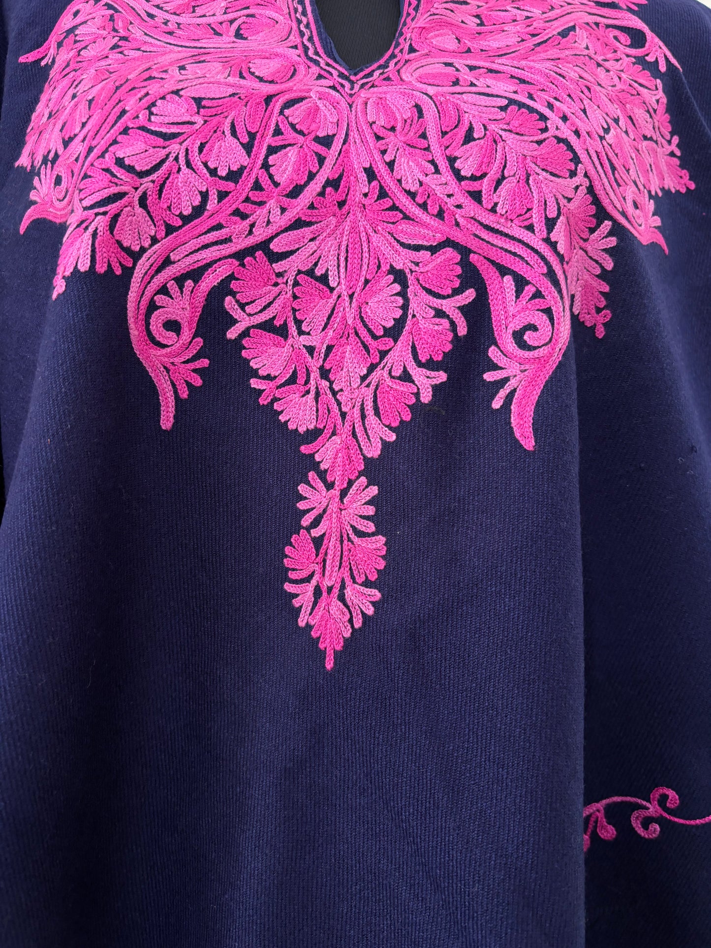 Navy Blue Aari Embroidered Wool Poncho