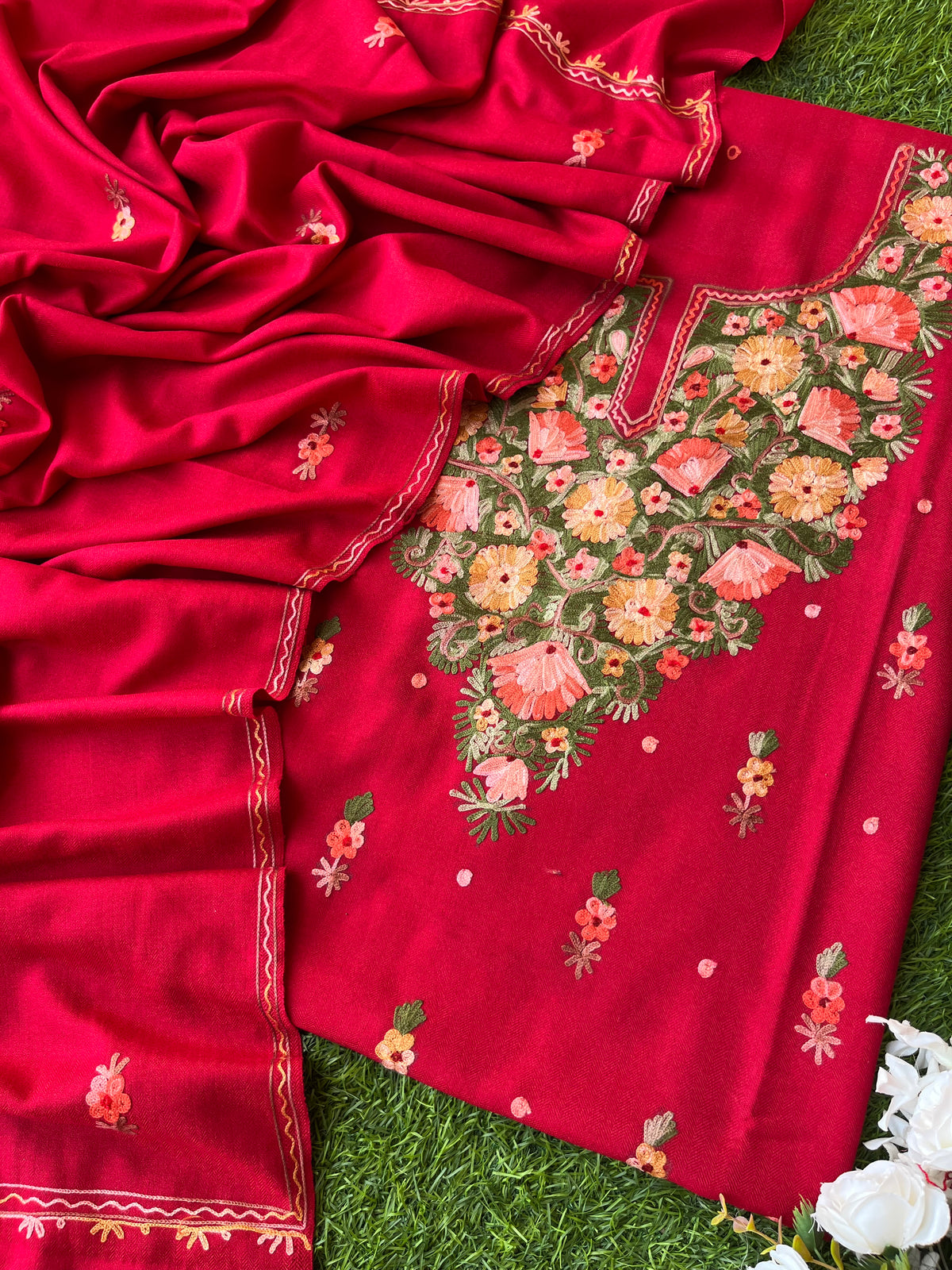 Red Woollen Aari Embroidered 3pc suit