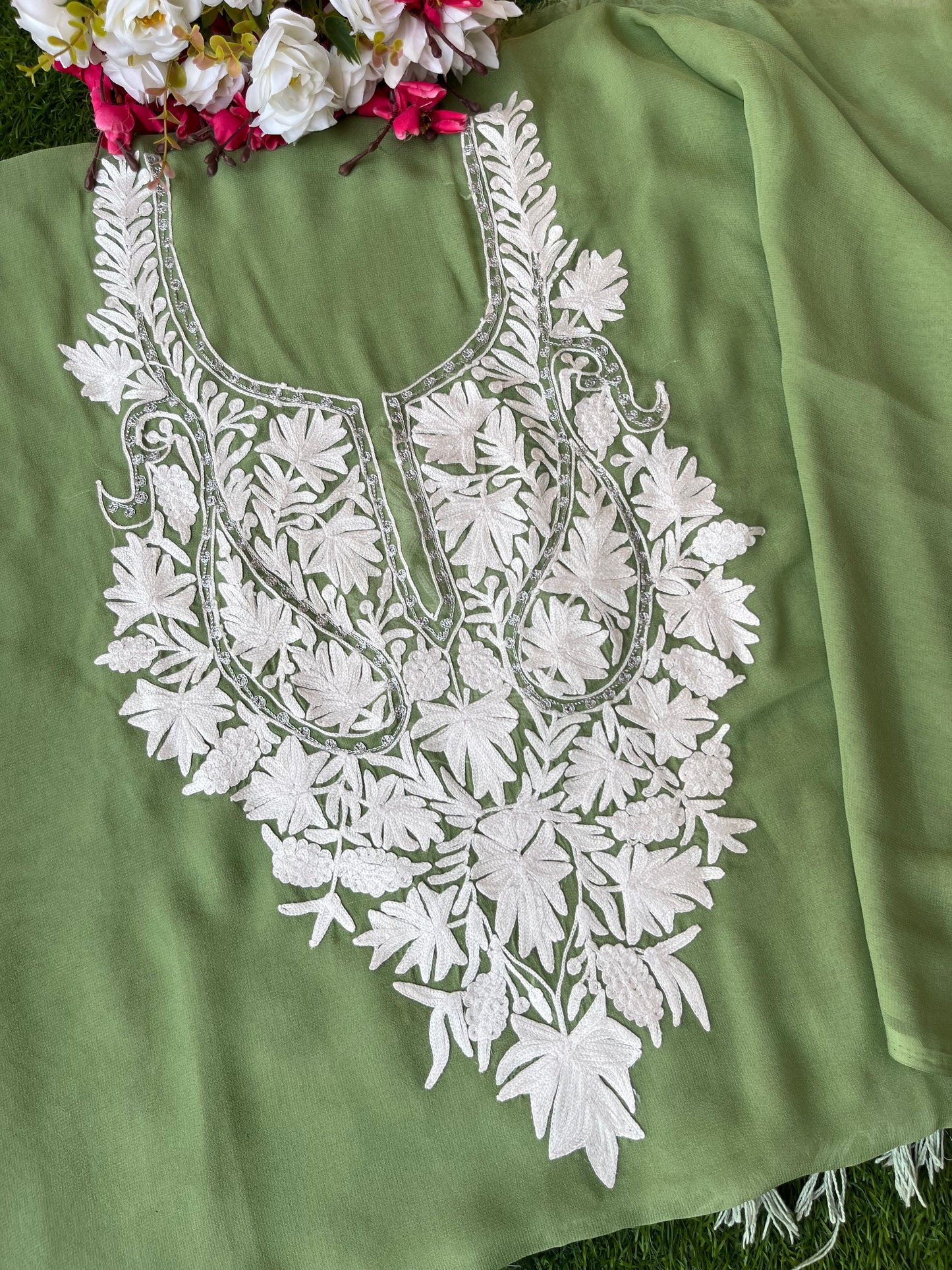 Lawn Green Georgette Kashmiri Kurta Material