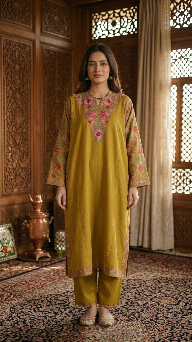 Green Cotton Arm Jaal Pheran Set