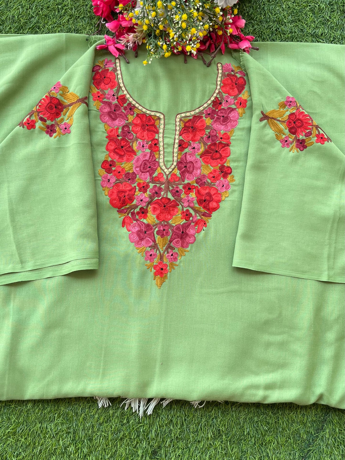 Pastel Green Aari Embroidered Cotton Suit Set