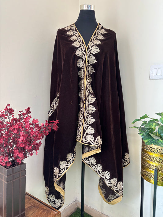 Coffee Brown Tilla Embroidered Velvet Cape