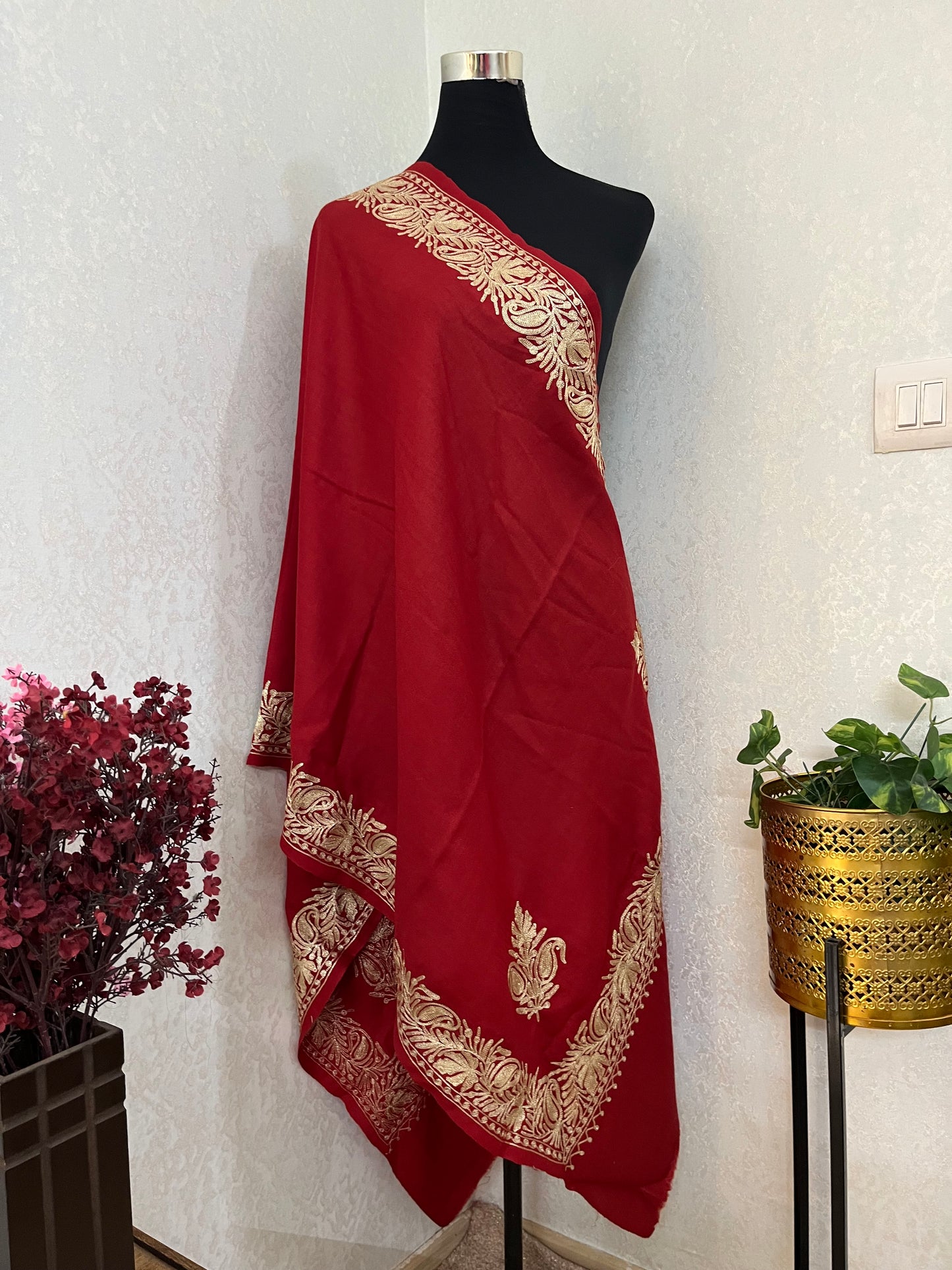 Maroon Semi Pashmina Tilla Embroidered stole