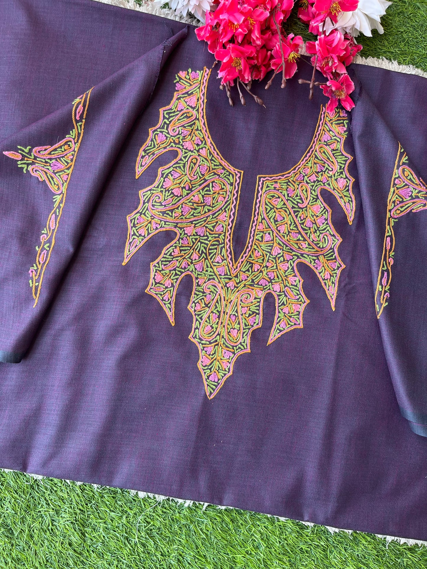Blackish Purple Cotton Two Piece Suit (Hand Embroidered)