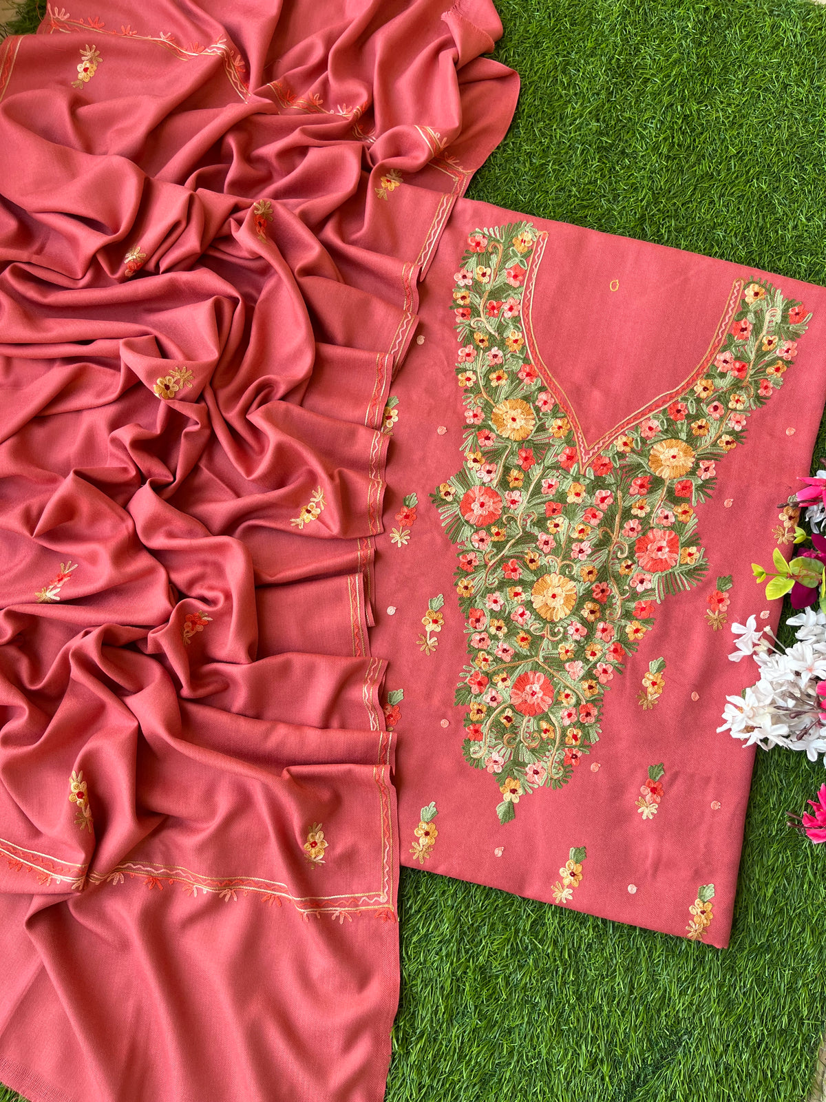 Pink Woollen Aari Embroidered 3pc suit