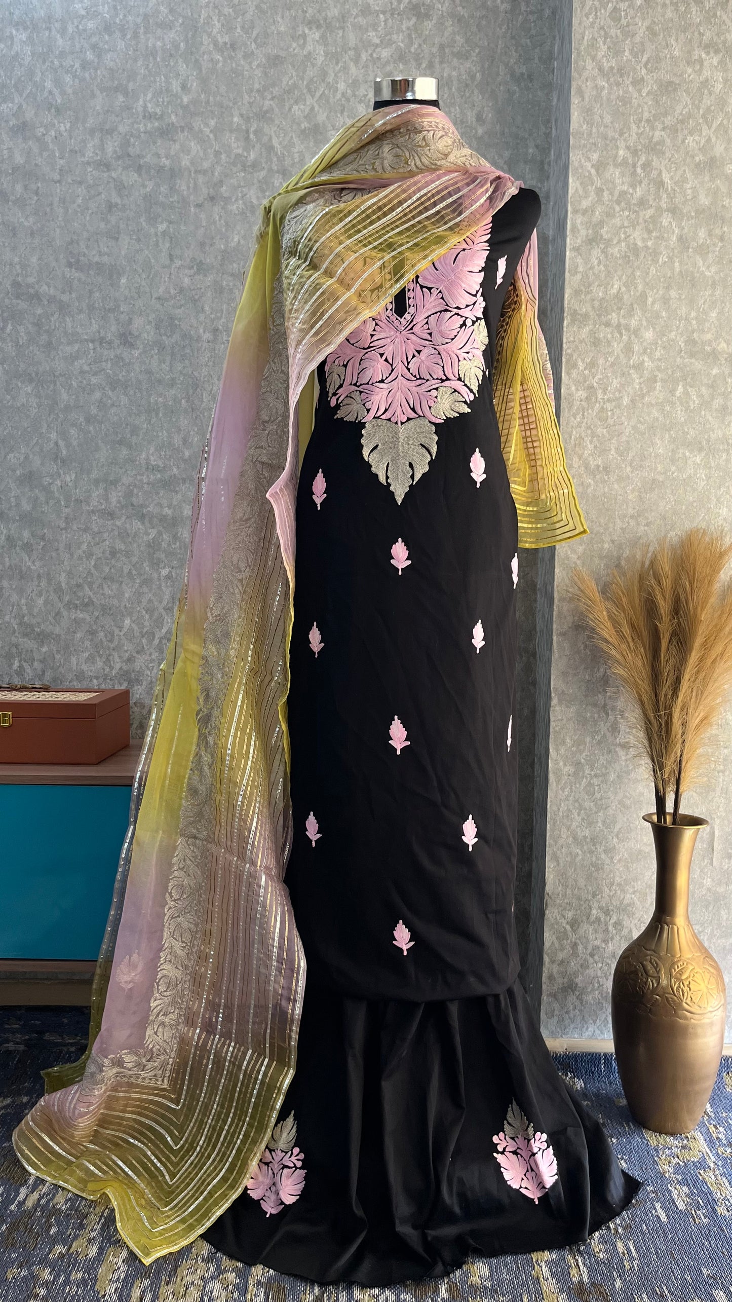 Black Satin Cotton Kashmiri Suit