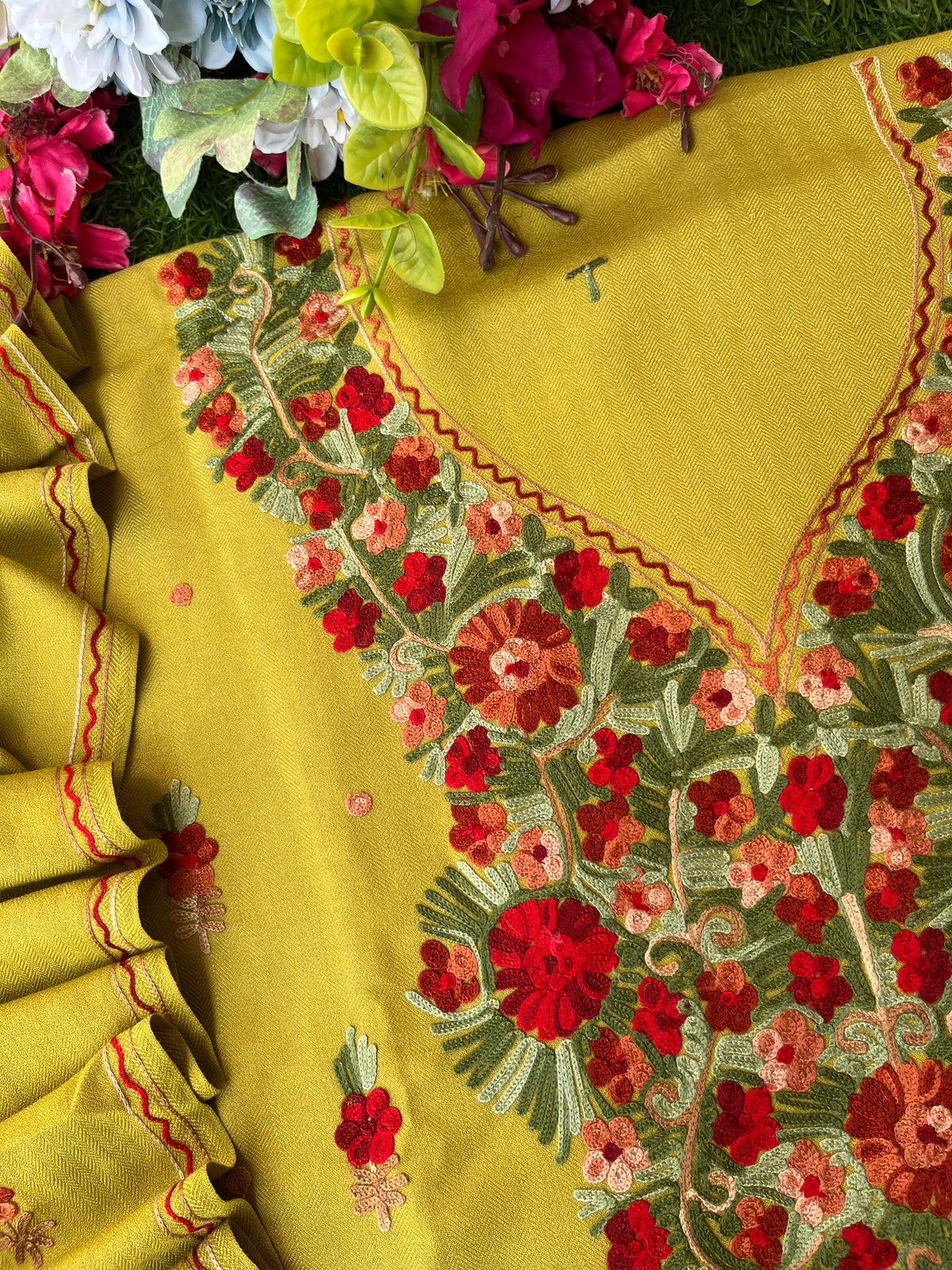 Lime Green Woollen Aari Embroidered 3pc suit