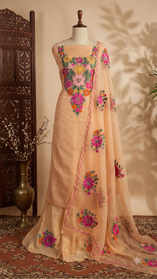 Beige Soft Tissue Kashmiri Suit
