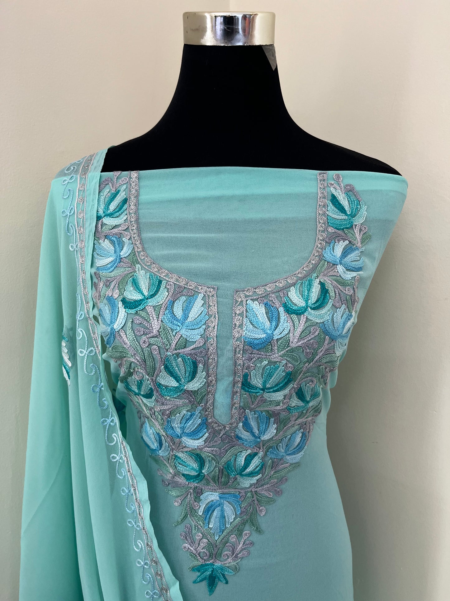 Green Georgette Shirt and Dupatta Aari Embroidered Suit