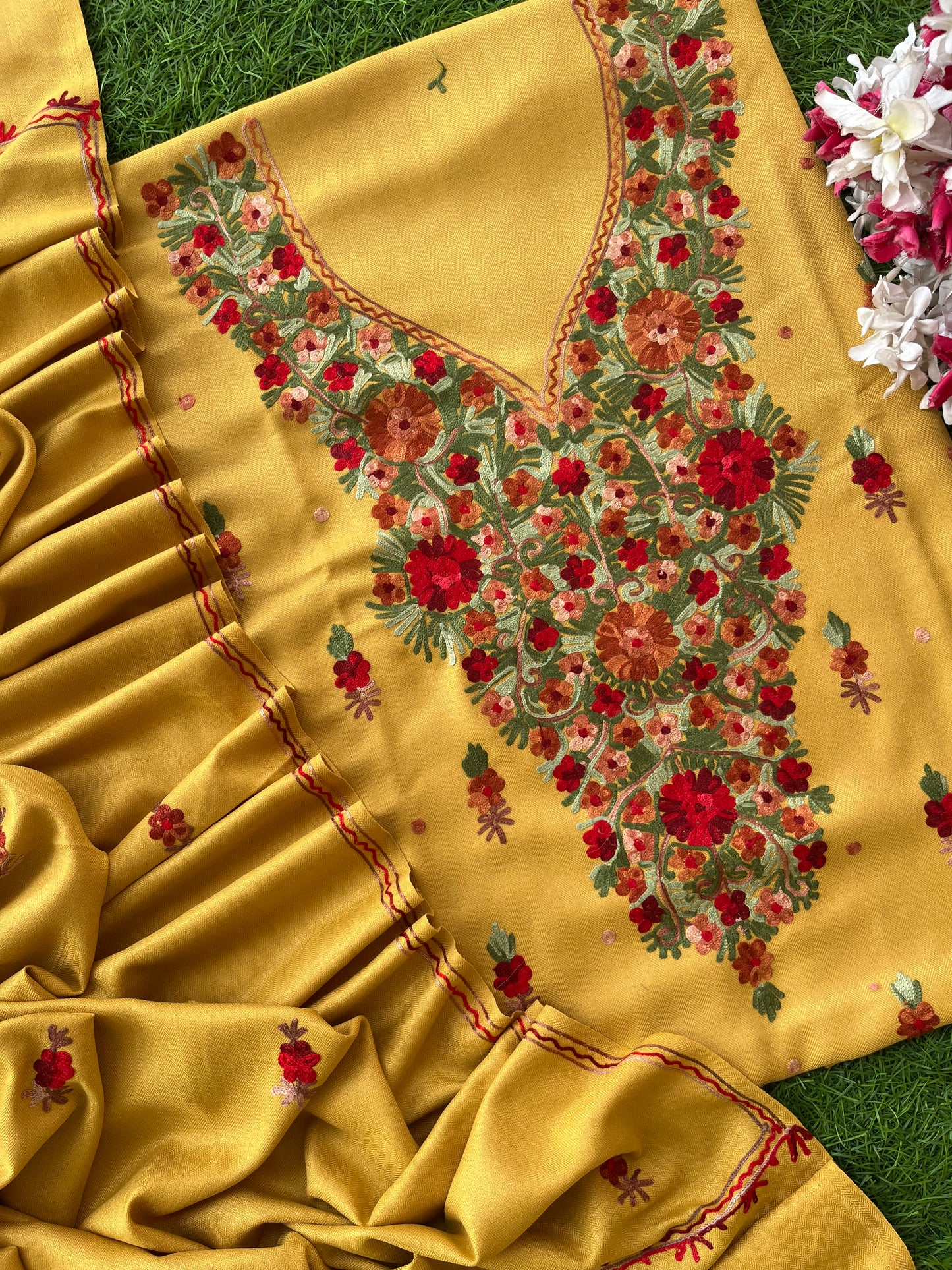 Yellow Woollen Aari Embroidered 3pc suit