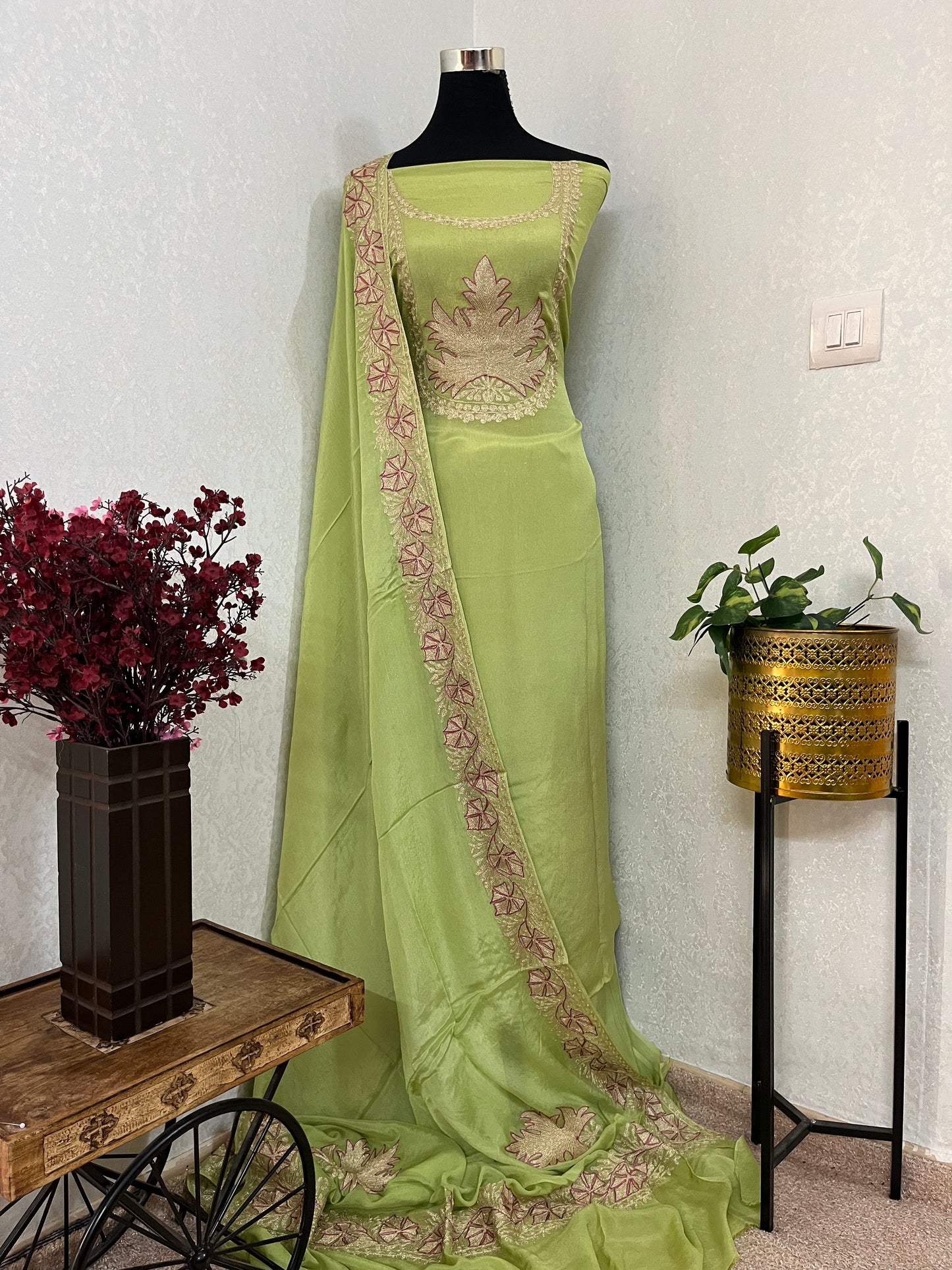 Lime Green Chinon 3 Pc Aari Embroidered Suit