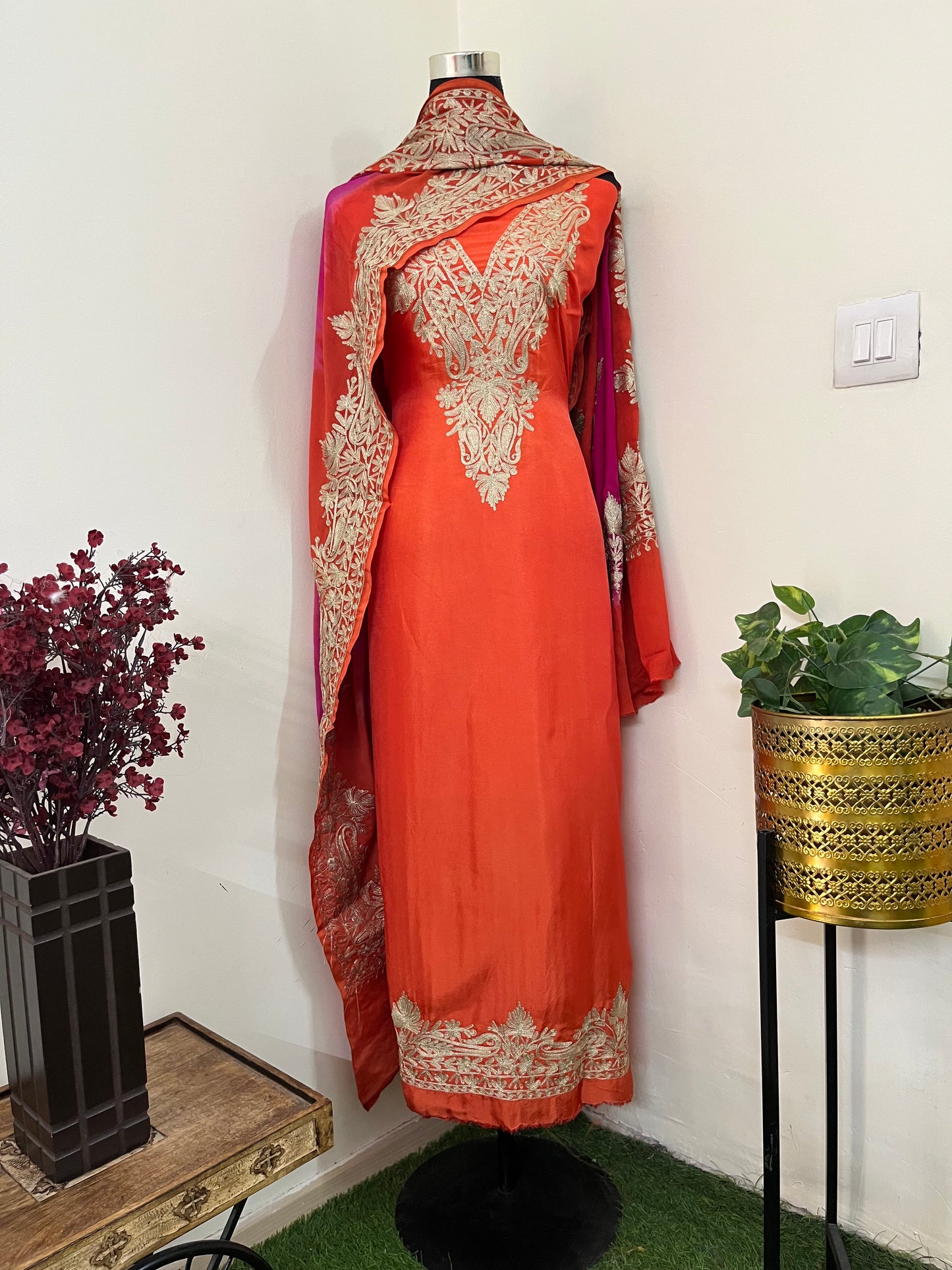 Sanam Orange Silk Kashmiri Suit
