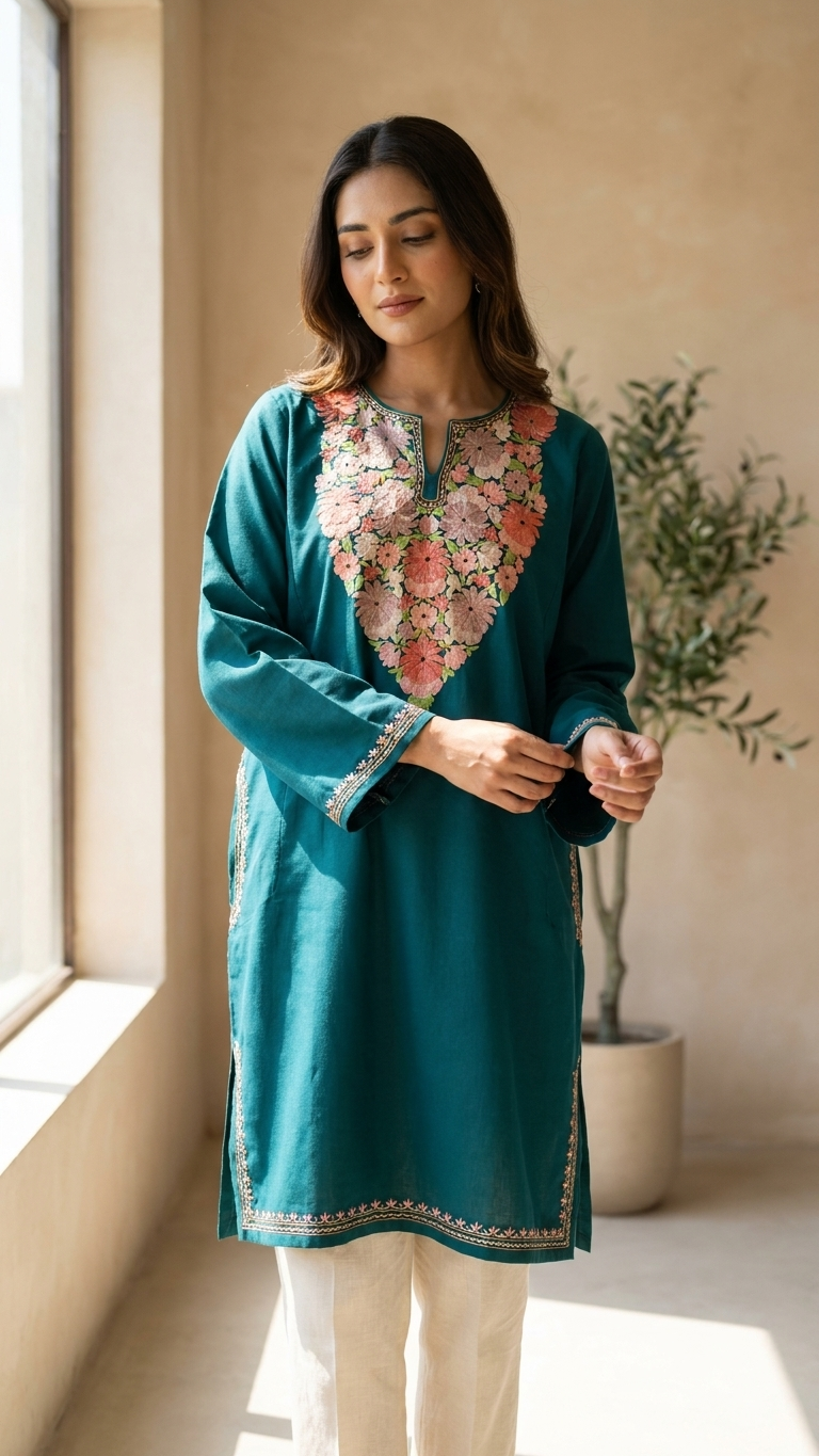 Green Aari Embroidered Wool Pheran