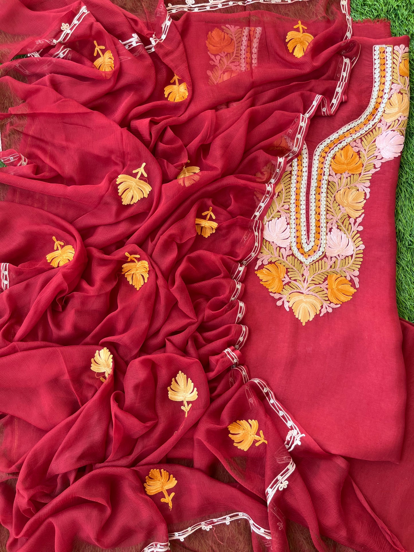 Maroon Opada Silk Aari Embroidered Suit material