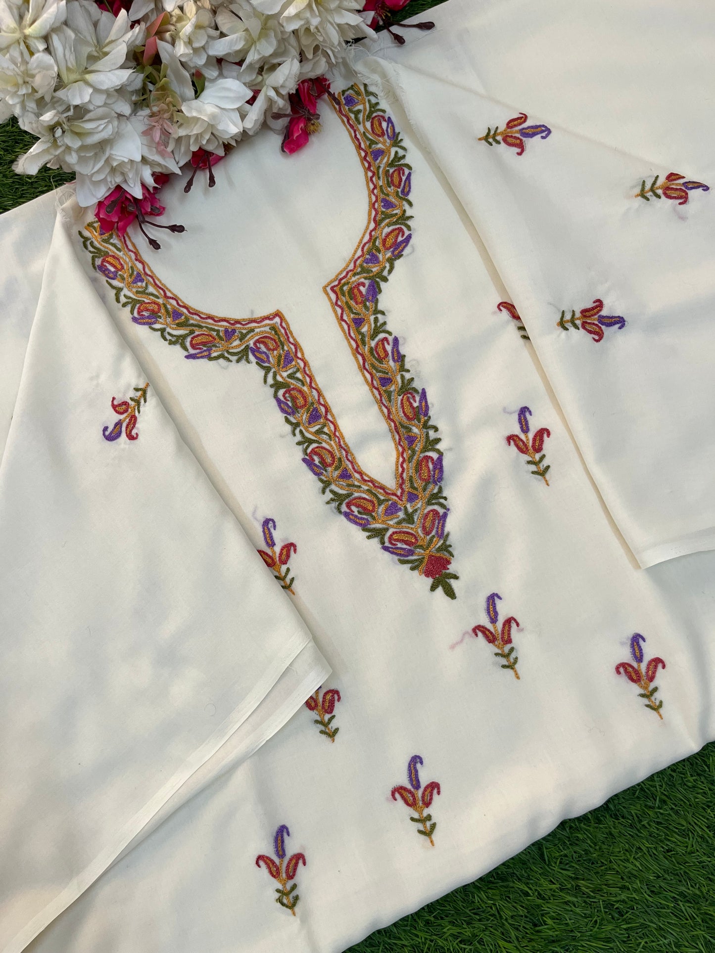 Off White Cotton Two Piece Suit (Hand Embroidered)