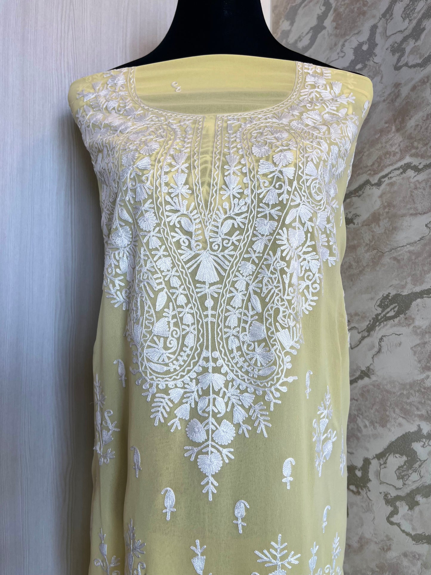 Georgette Lemon Yellow All over Work Aari Embroidered Unstitched Kurta Material