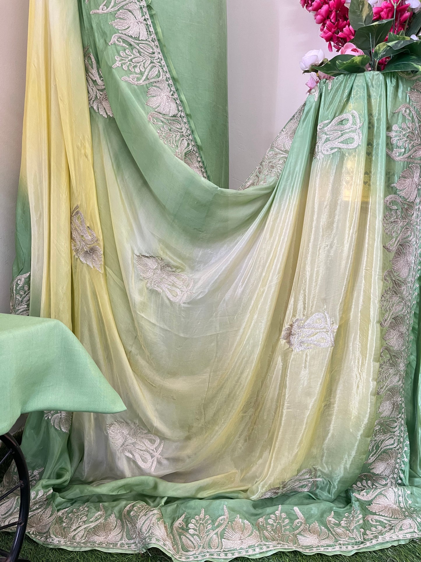 Sanam Pista Green Silk Kashmiri Suit