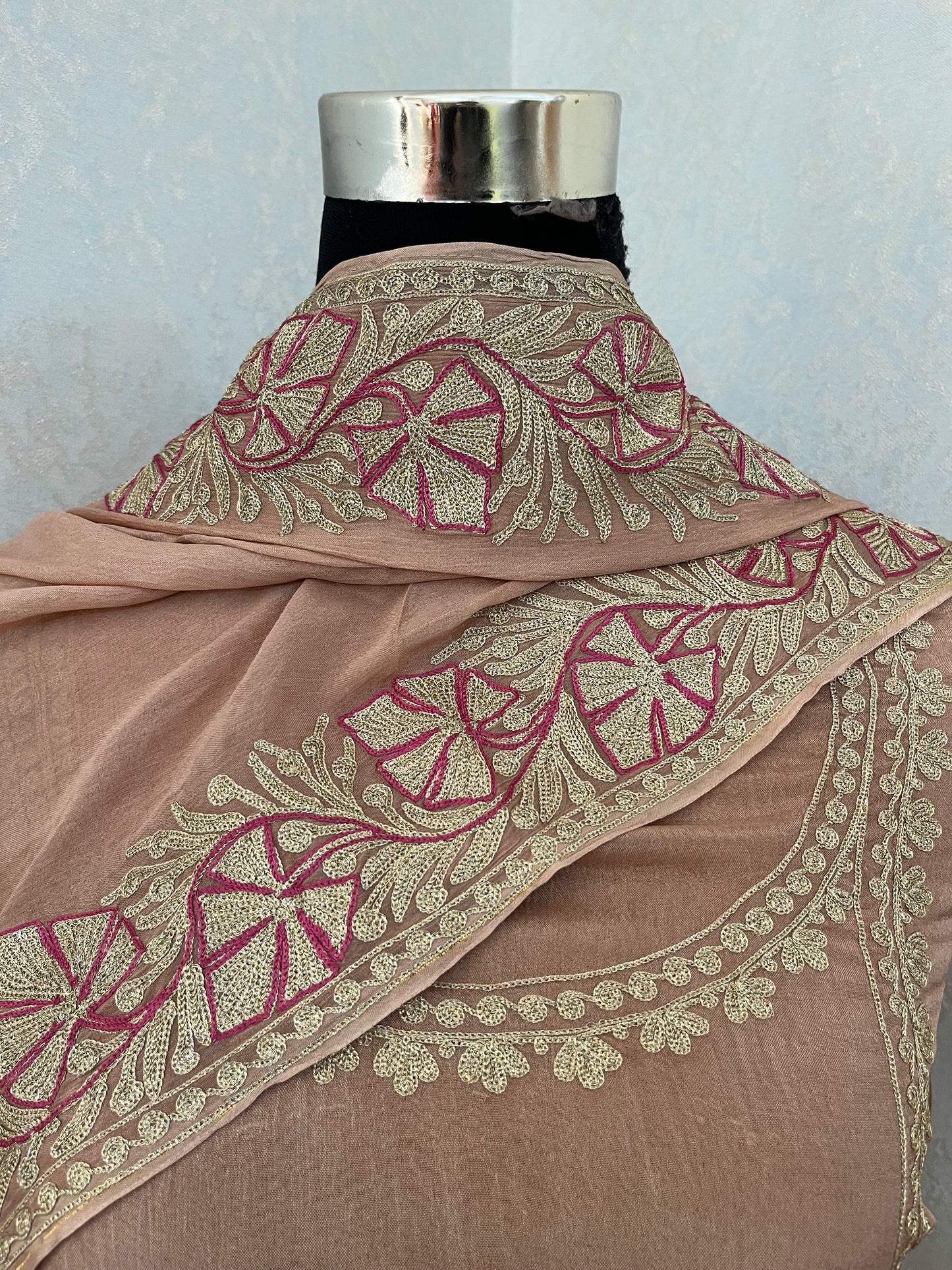 Peach Chinon 3 Pc Aari Embroidered Suit