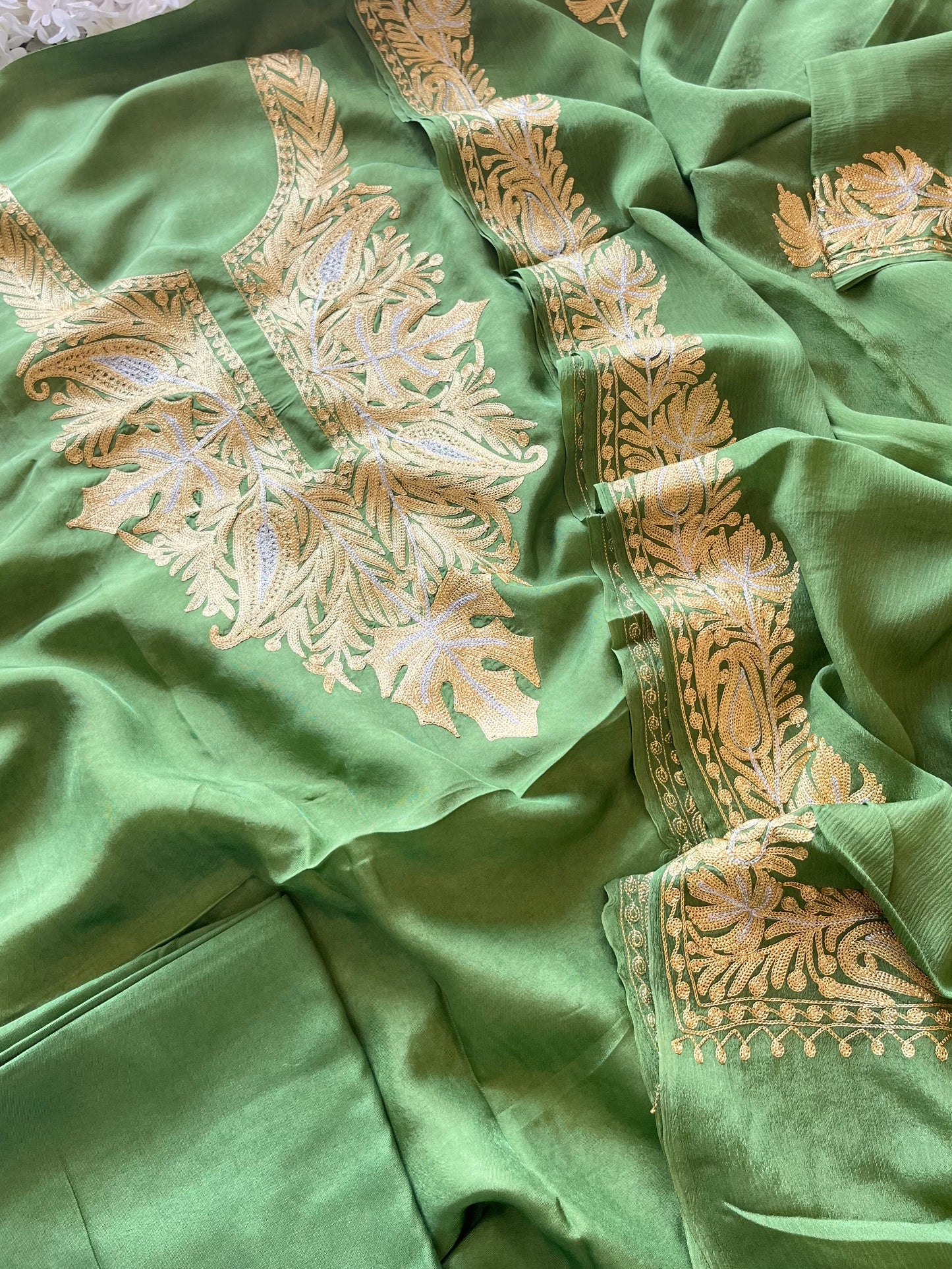 ‘Kalaa’ Lawn Green Opada Silk Tilla Embroidered Suit material (on Order)