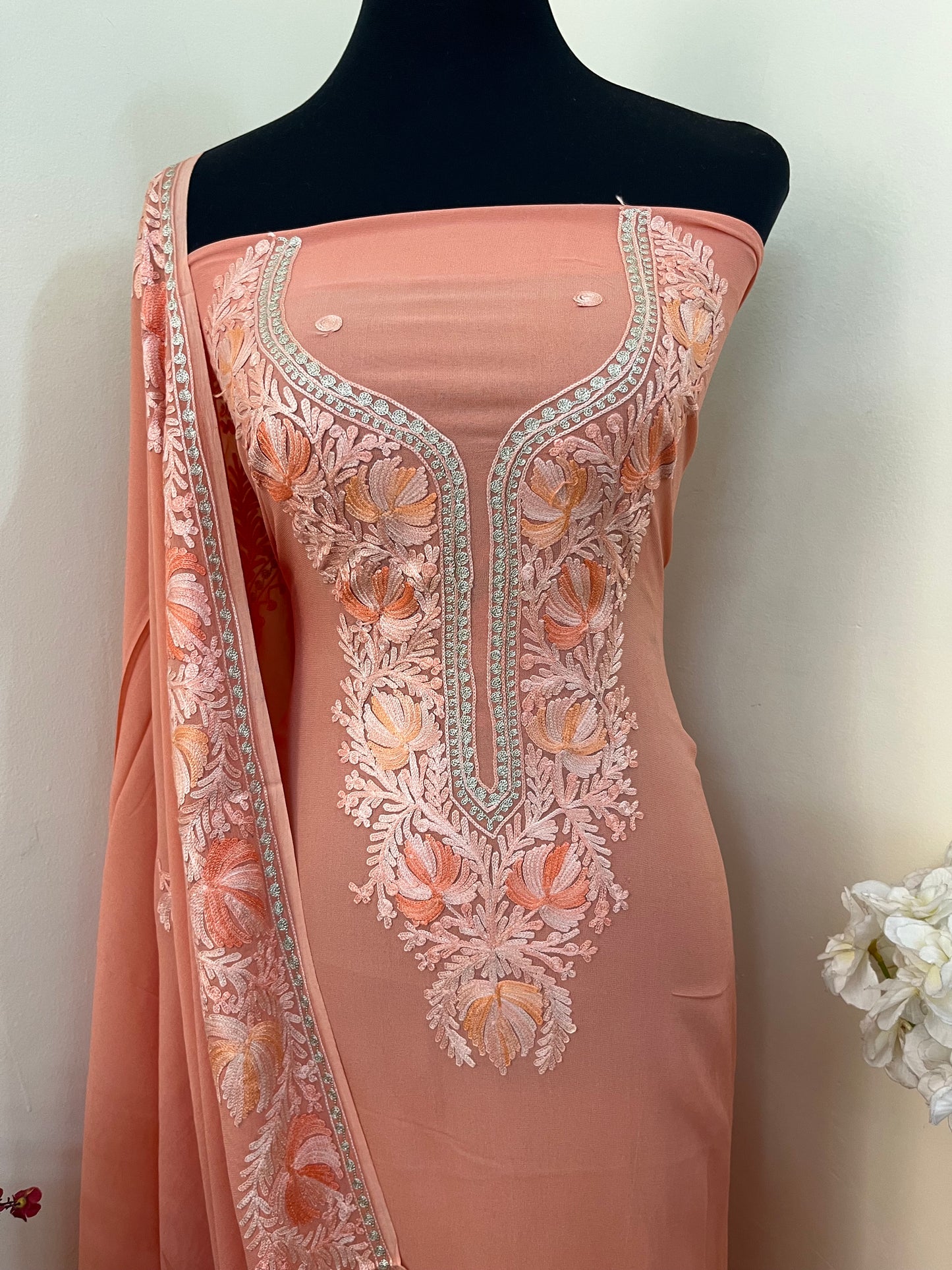 Peach Pure Georgette Kashmiri Suit