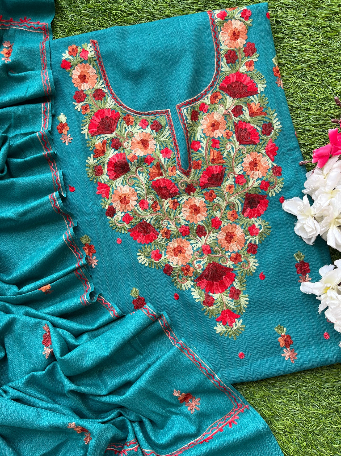 Peacock Blue Woollen Aari Embroidered 3pc suit