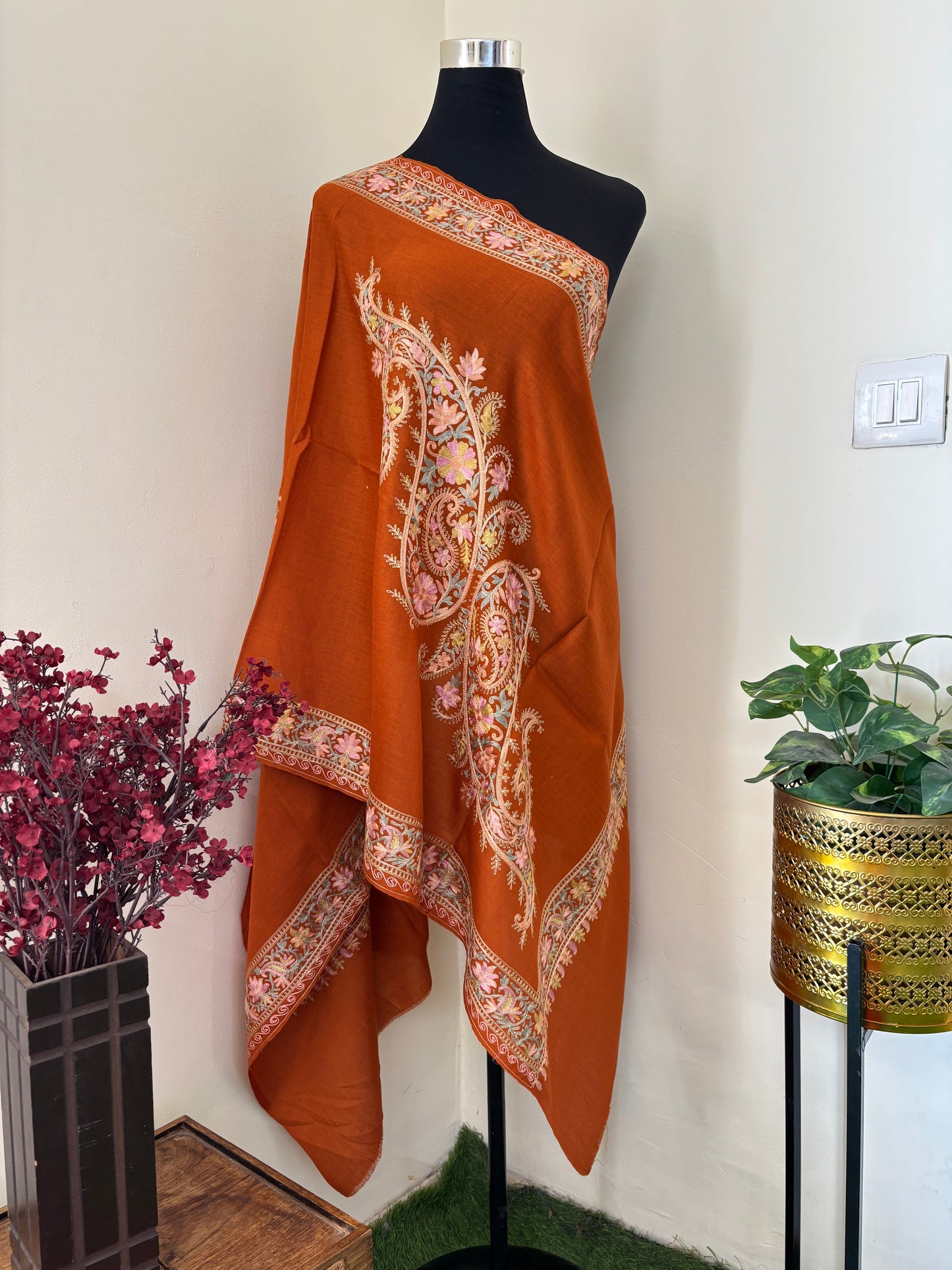 Orange Silk Thread Ambi Aangan Embroidered Fine Semi Pashmina stole