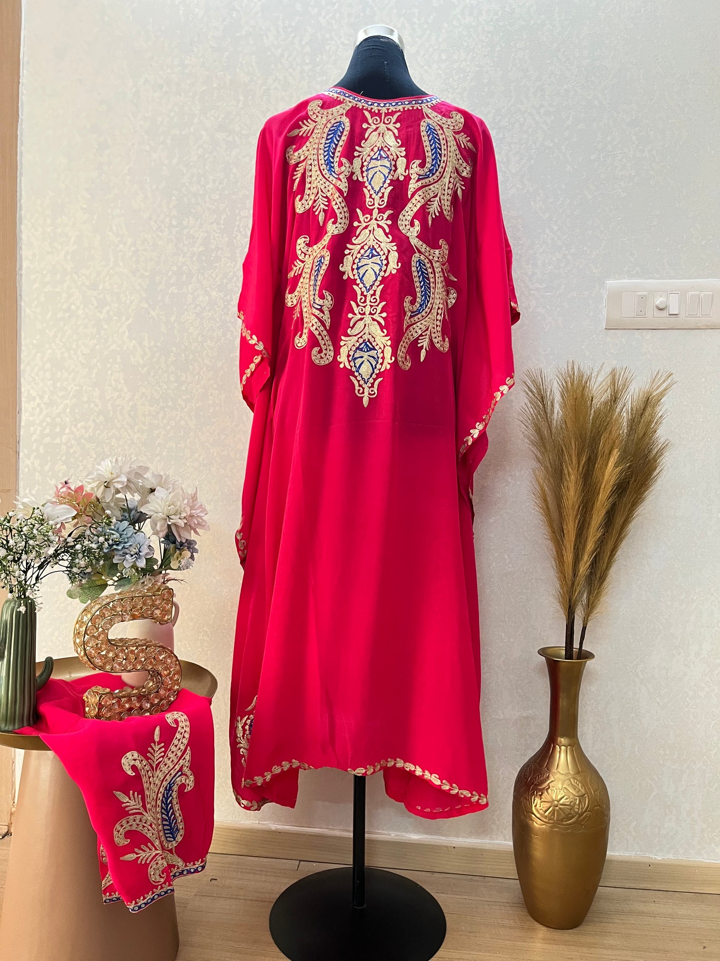 Hot Pink Crape Front Back Kashmiri Kaftan Set