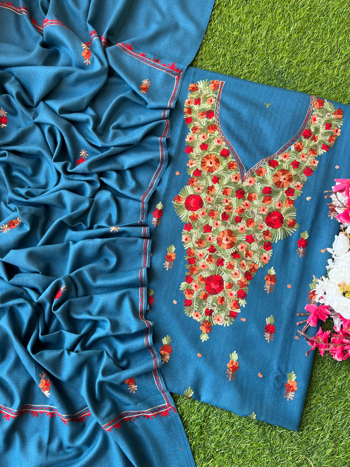 Peacock Blue Woollen Aari Embroidered 3pc suit