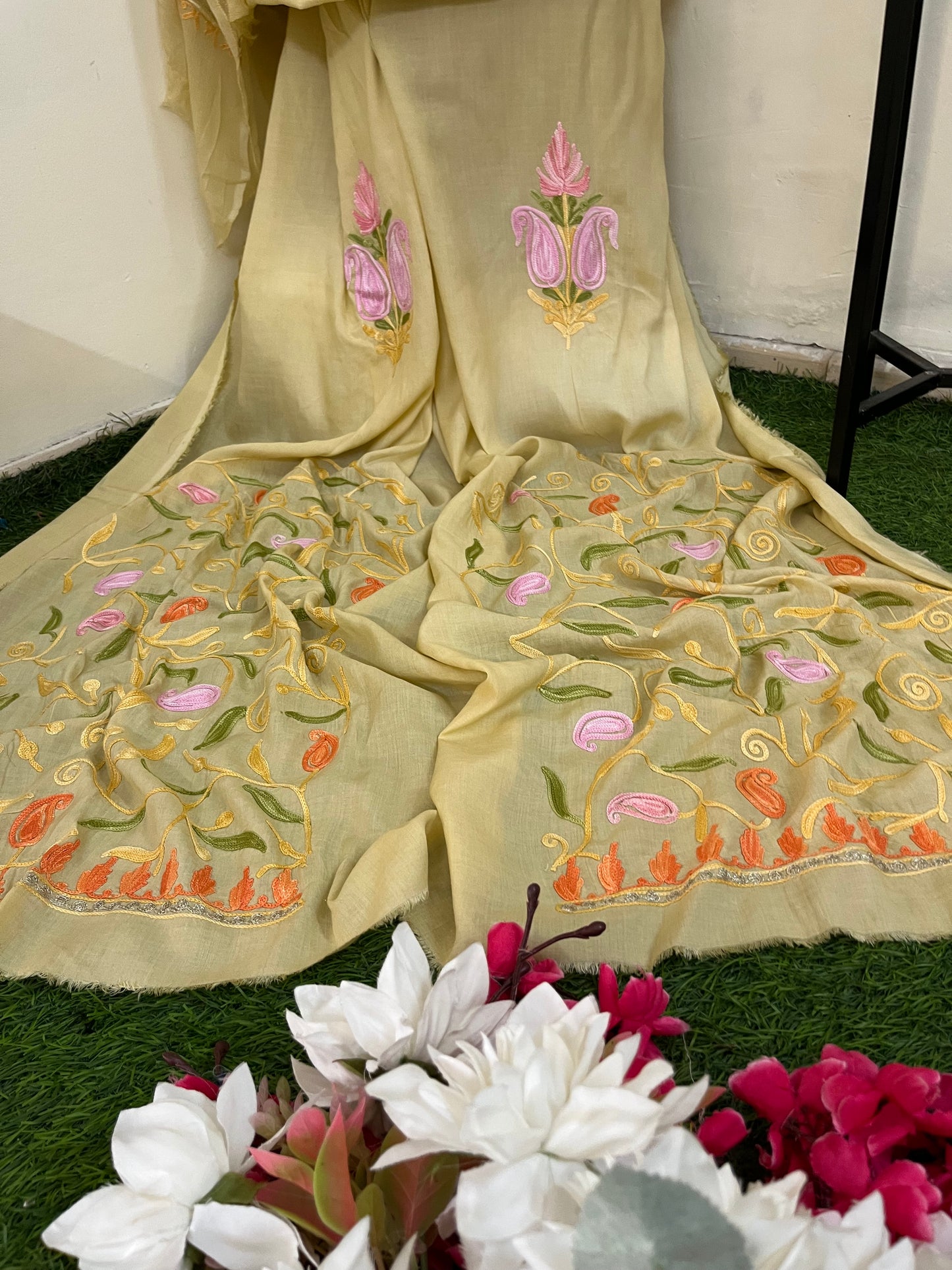 Beige Muslin Cotton Jaal Sleeves Kashmiri 3pc Suit