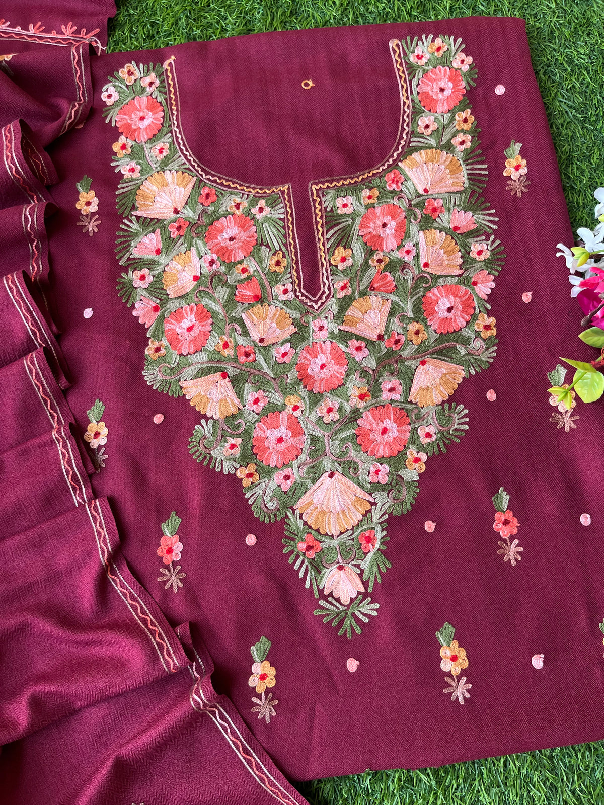 Wine Woollen Aari Embroidered 3pc suit
