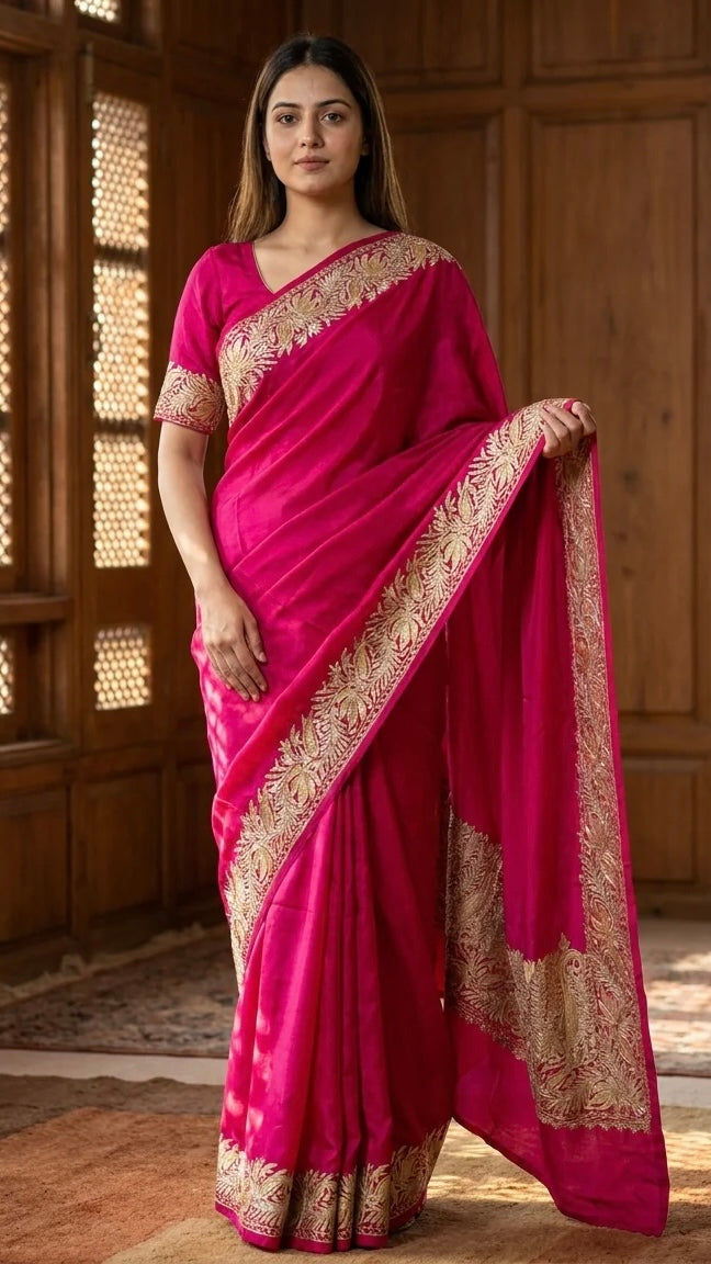 Hot Pink Crape Kashmiri Tilla Saree