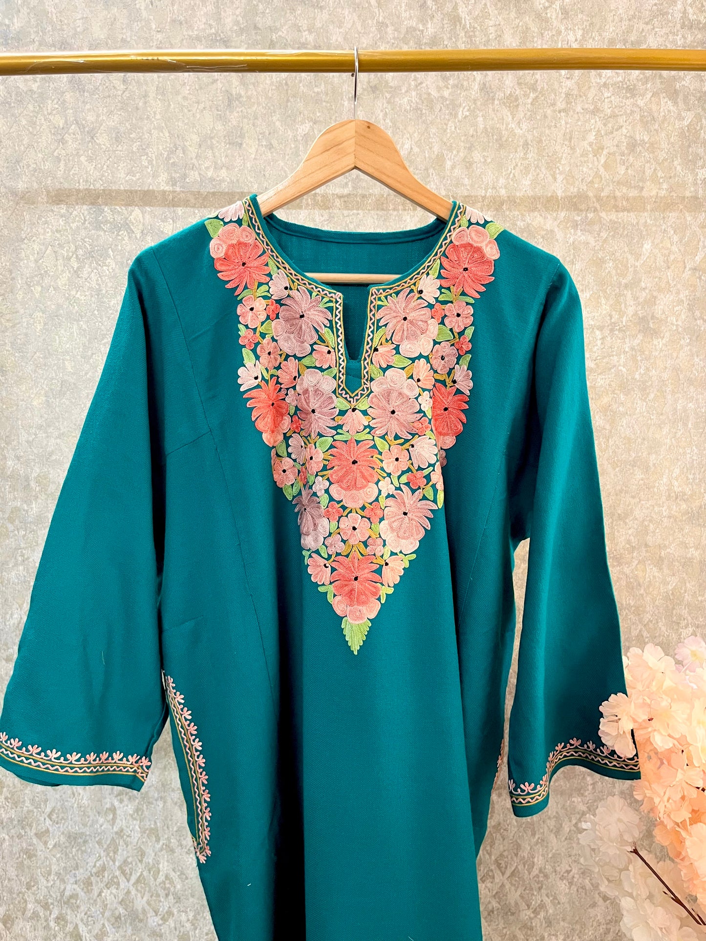 Green Aari Embroidered Wool Pheran