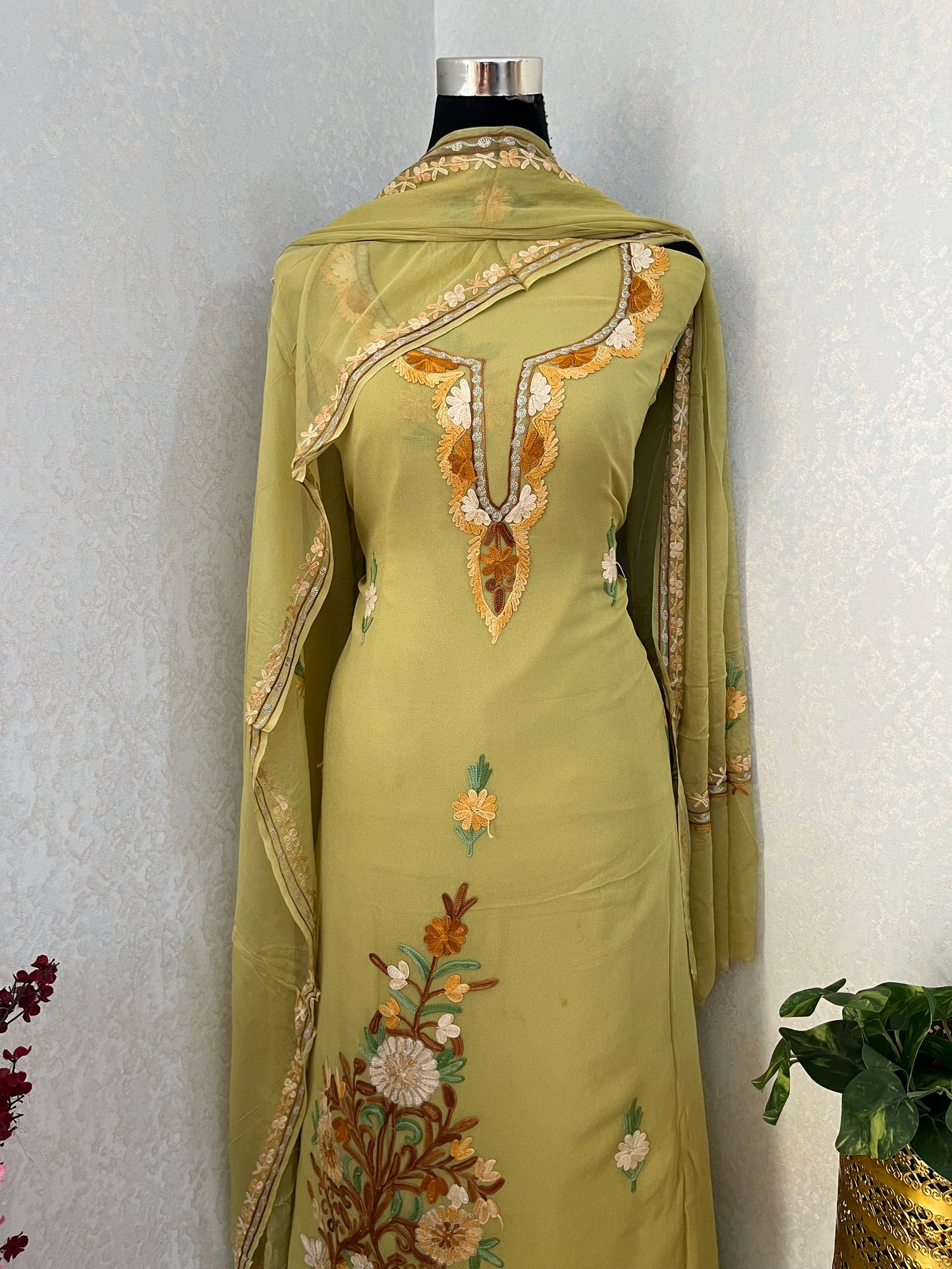 Lemon Green  Pure Georgette Aari Embroidered Suit