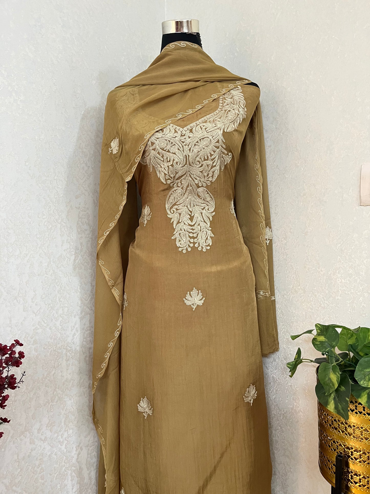 Army Geeen Silk Tilla Kashmiri Suit