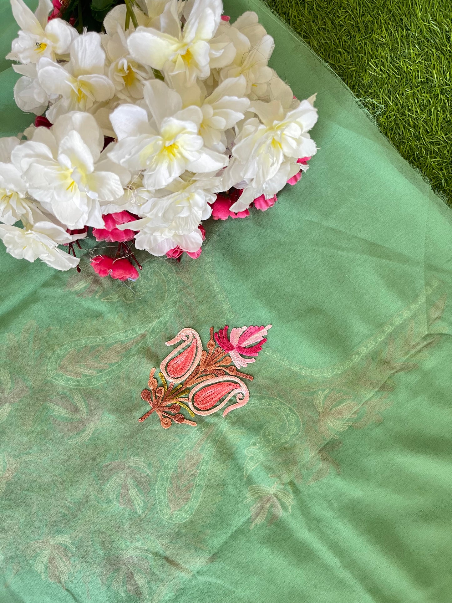 Tea Green Georgette Shirt and Dupatta Aari Embroidered Suit