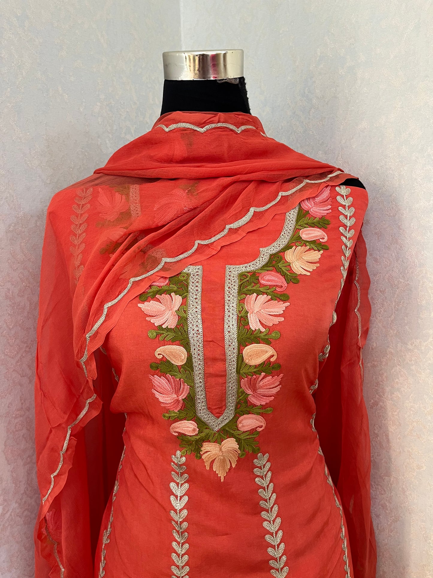 Sanam’ Orange Silk Aari Embroidered Suit material
