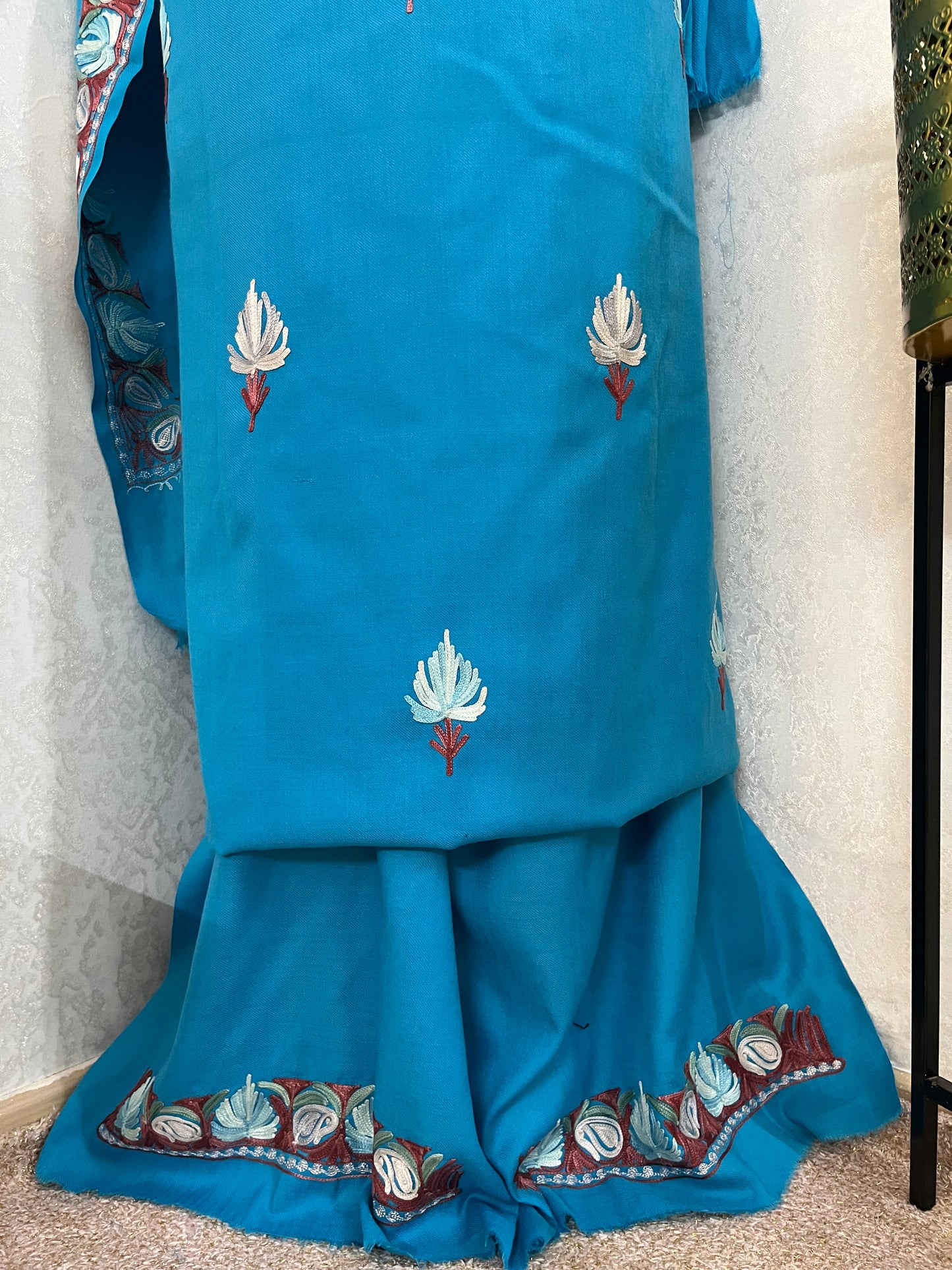 Sky Blue Pure Wool Aari Embroidered 3pc Suit Stole