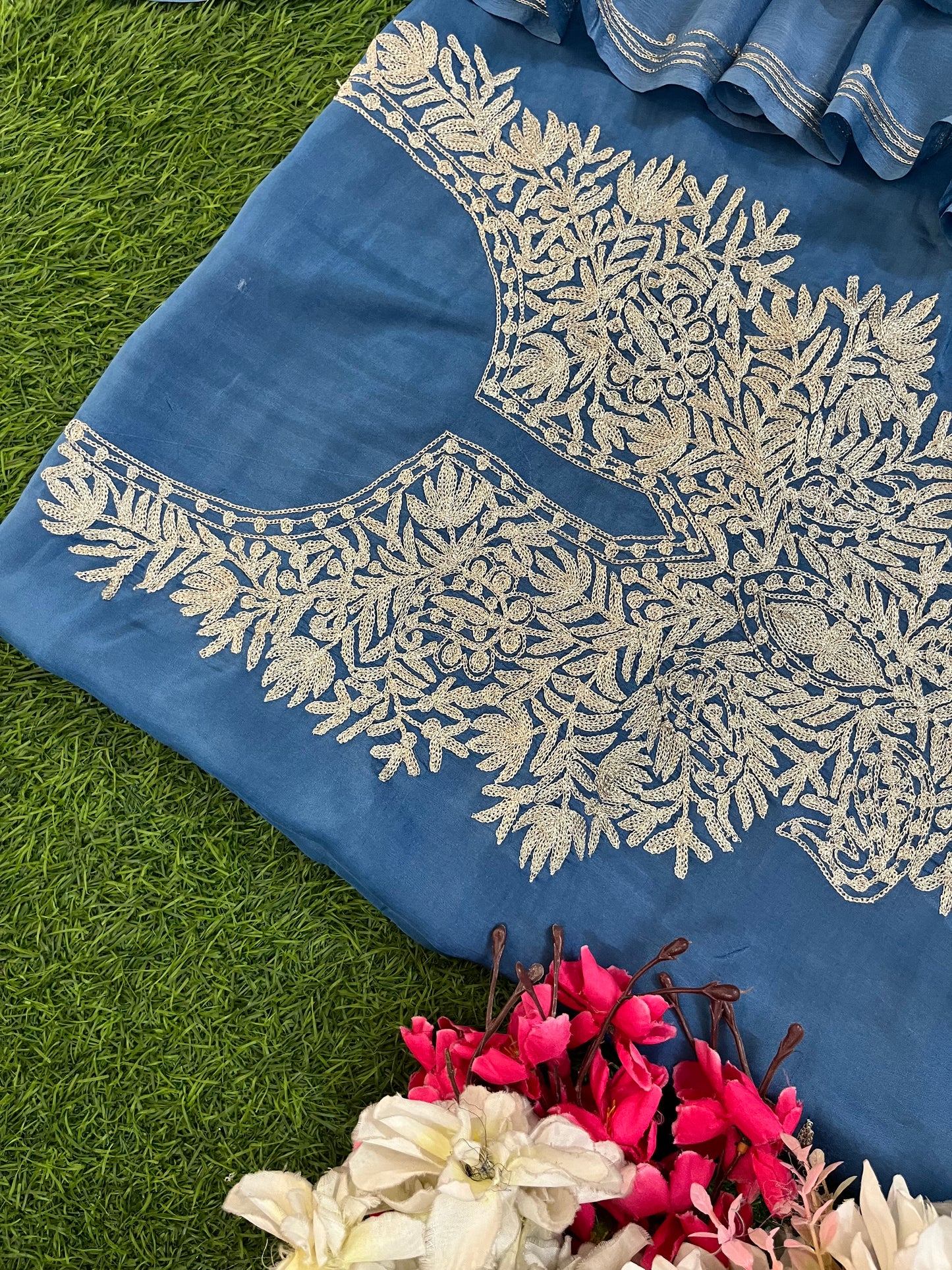 Soft Blue Silk Tilla Kashmiri Suit