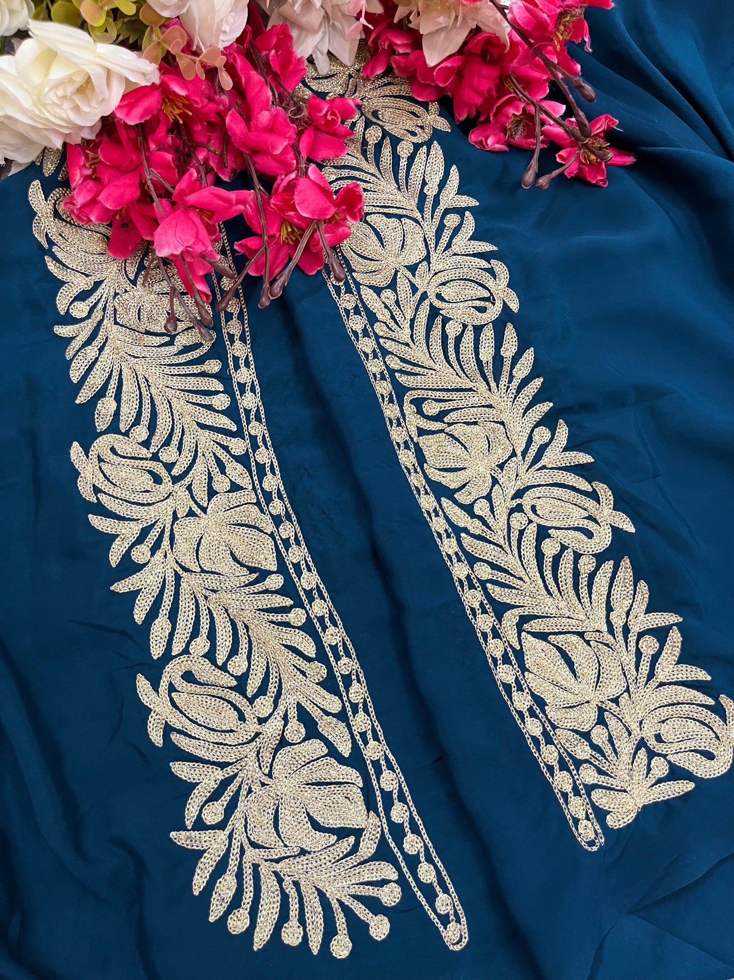 Teal Blue Crape Kashmiri Tilla Saree