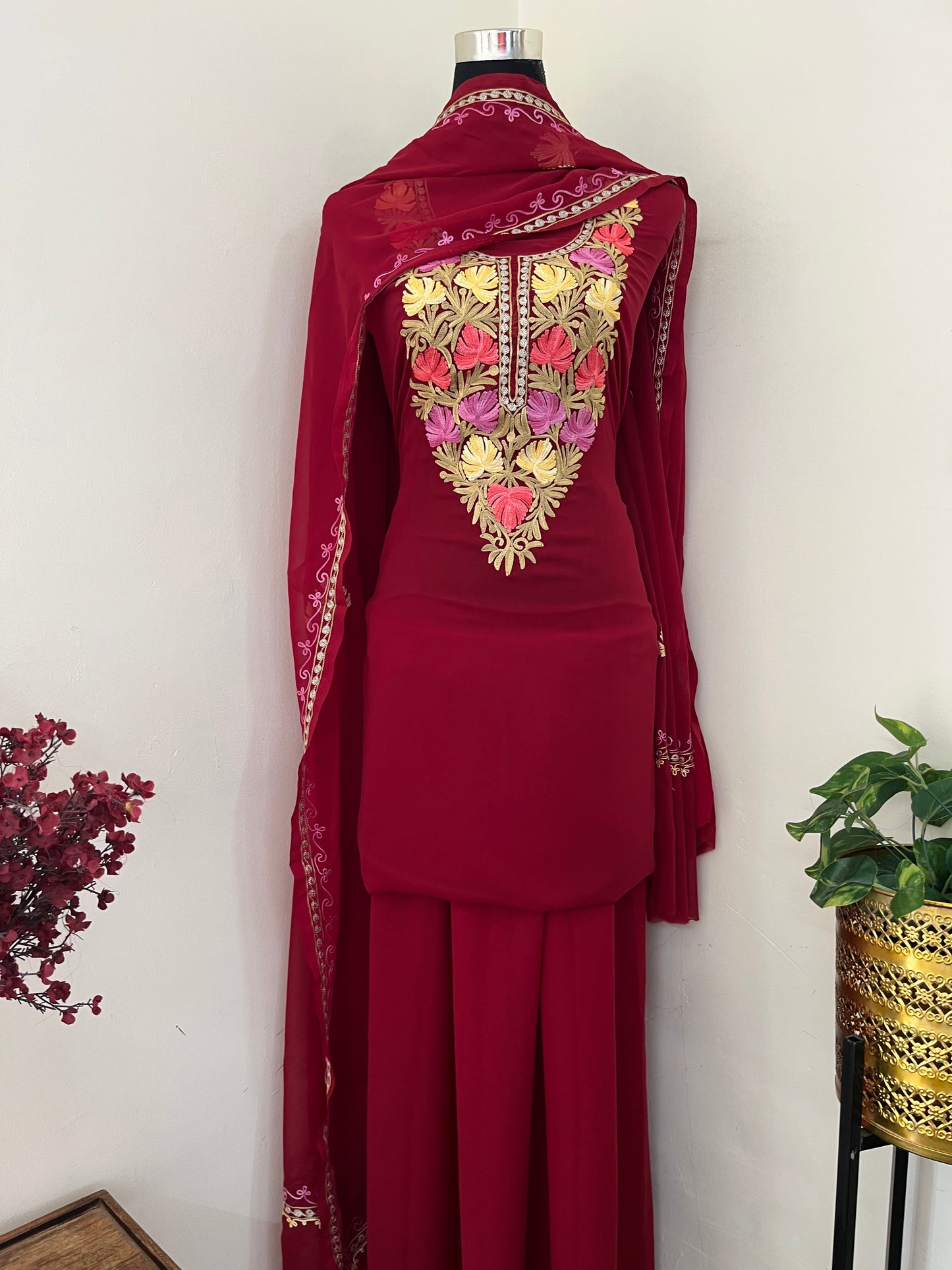Maroon Georgette 3 Pc Aari Embroidered Suit Set