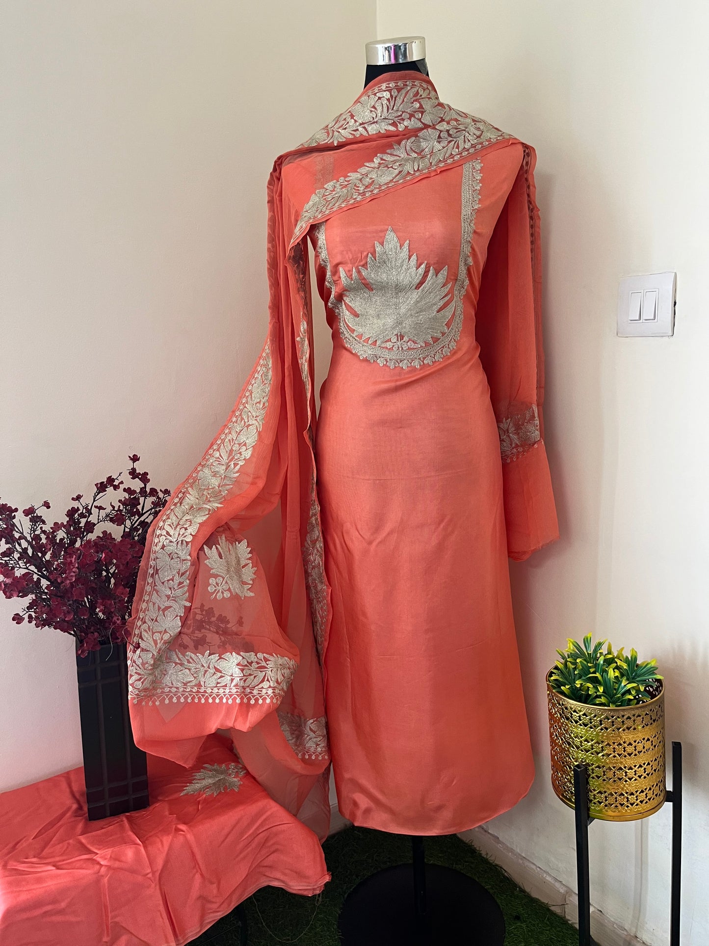 Sanam’ Peach Tilla Embroidered Suit material