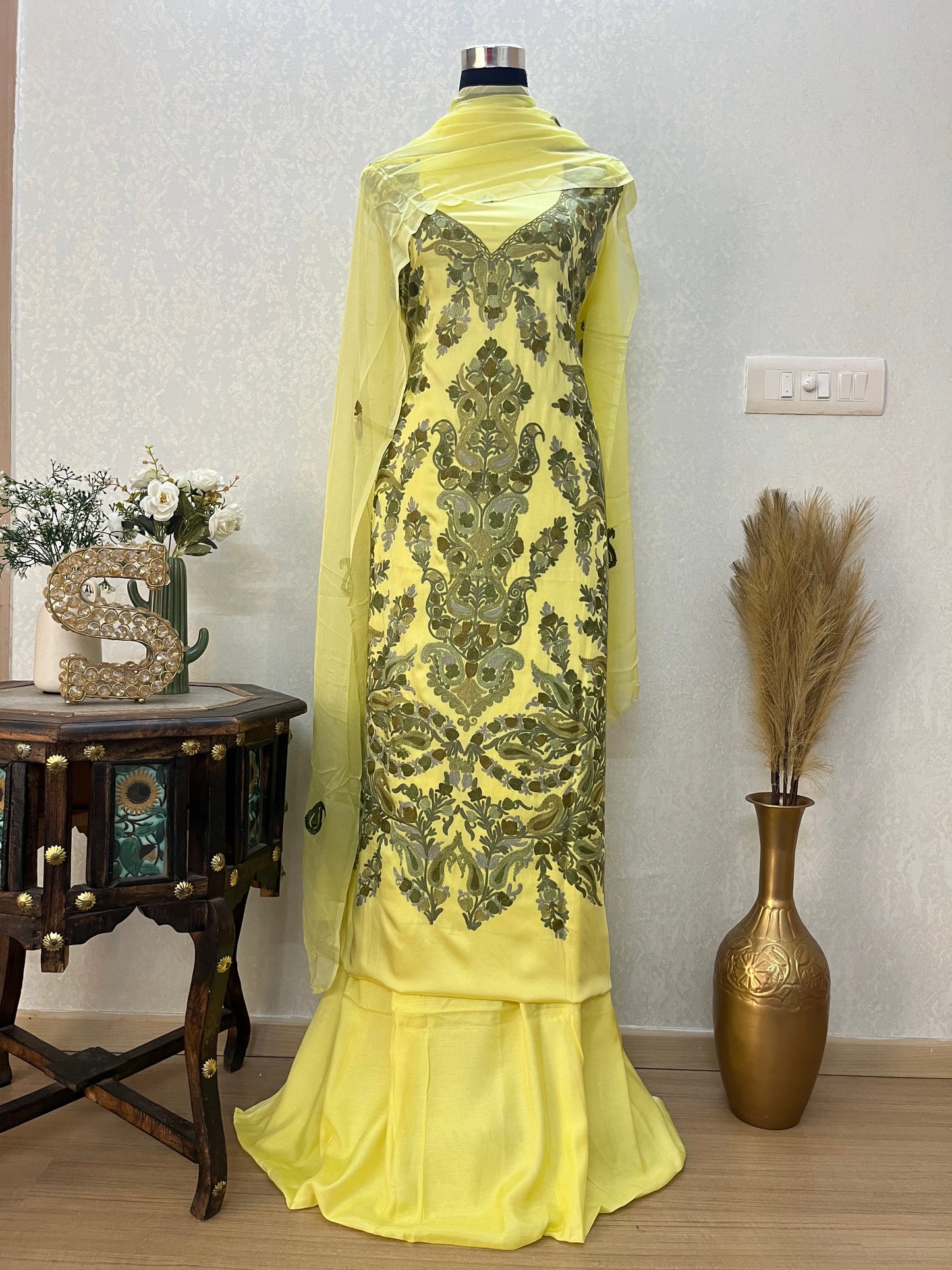 Yellow Satin Cotton Kashmiri Suit